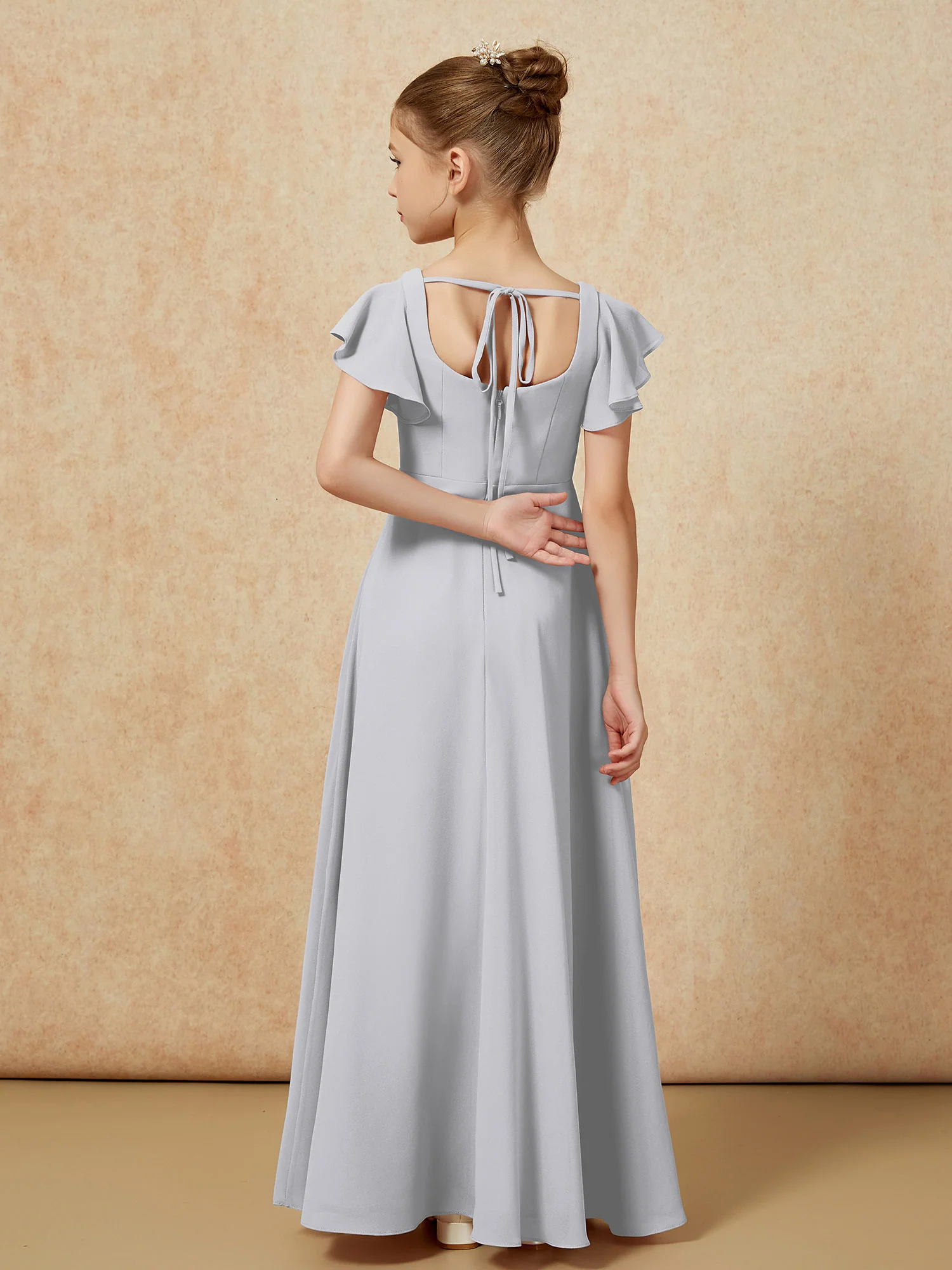 Flutter Sleeves Long Junior Bridesmaid Dresses With Slit Silver - Image 2