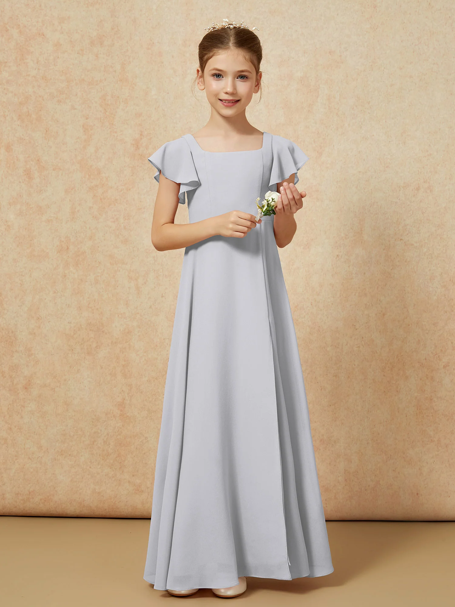 Flutter Sleeves Long Junior Bridesmaid Dresses With Slit Silver - Image 5