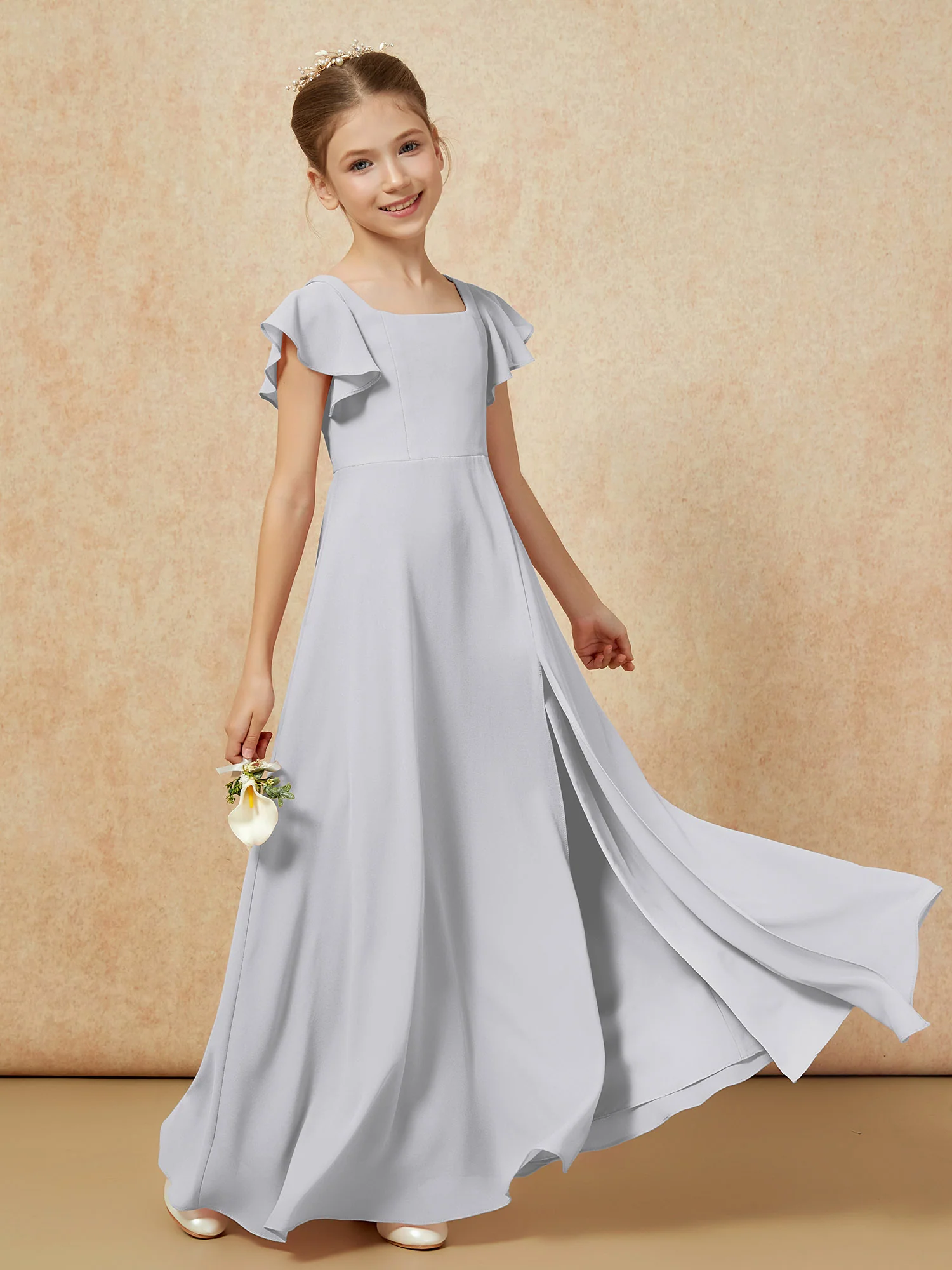 Flutter Sleeves Long Junior Bridesmaid Dresses With Slit Silver - Image 6