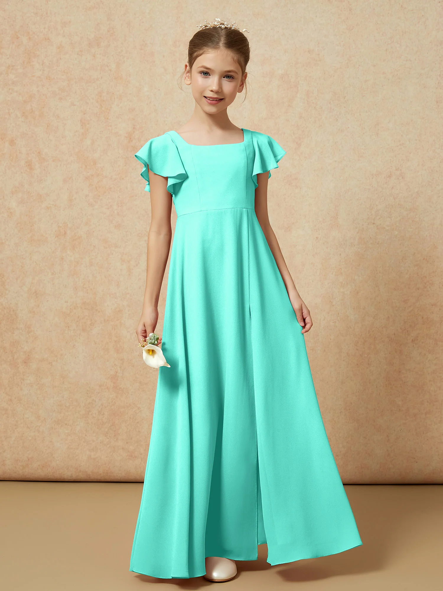 Flutter Sleeves Long Junior Bridesmaid Dresses With Slit Spa - Image 4