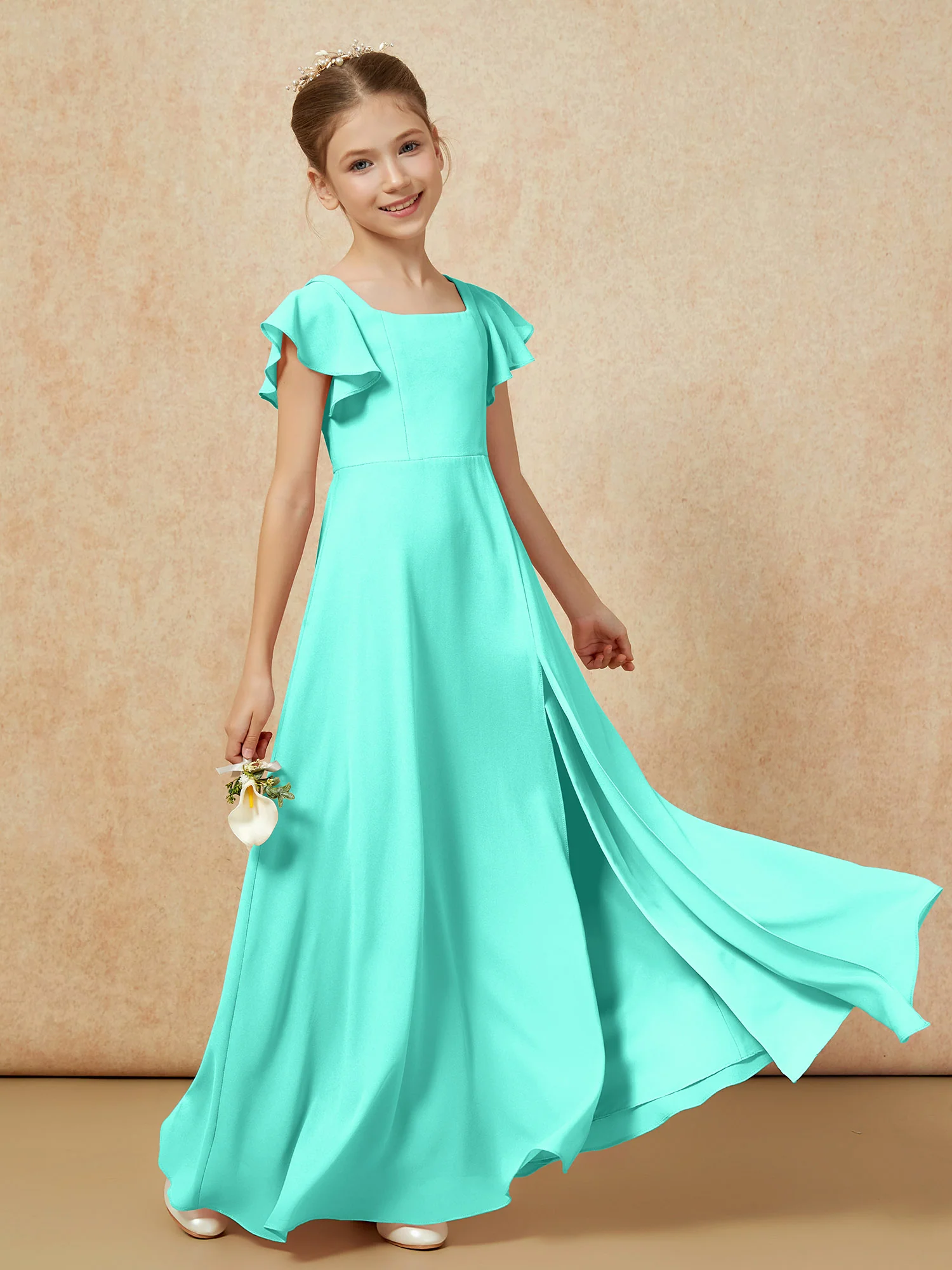 Flutter Sleeves Long Junior Bridesmaid Dresses With Slit Spa - Image 6