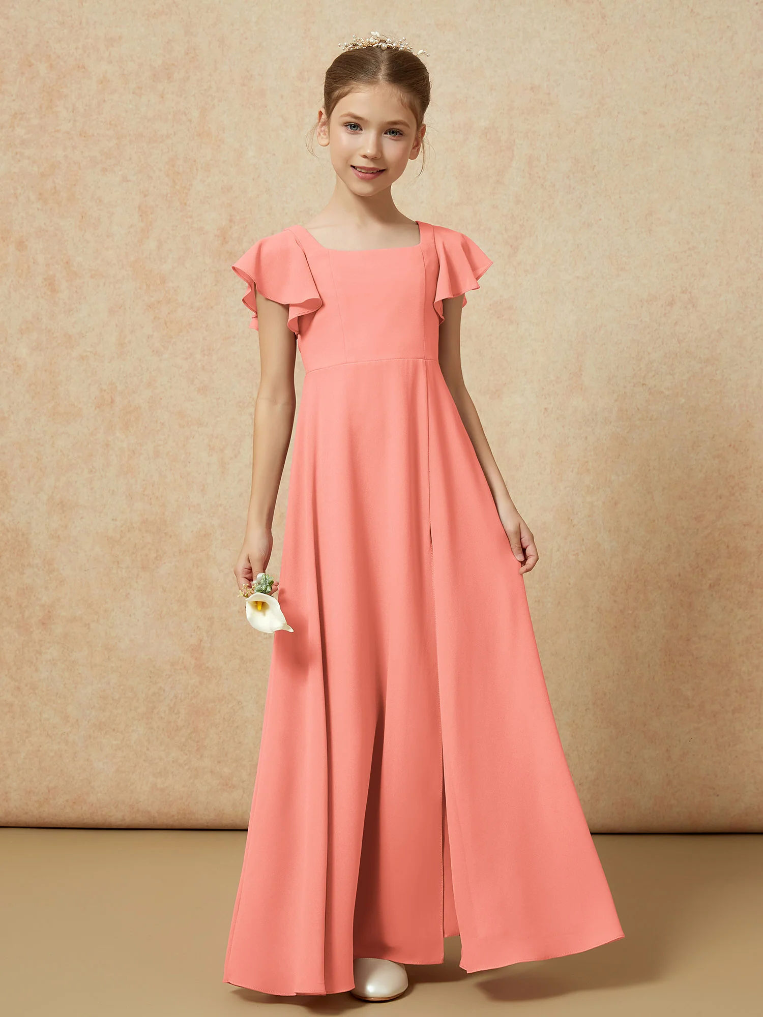 Flutter Sleeves Long Junior Bridesmaid Dresses With Slit Sunset - Image 4