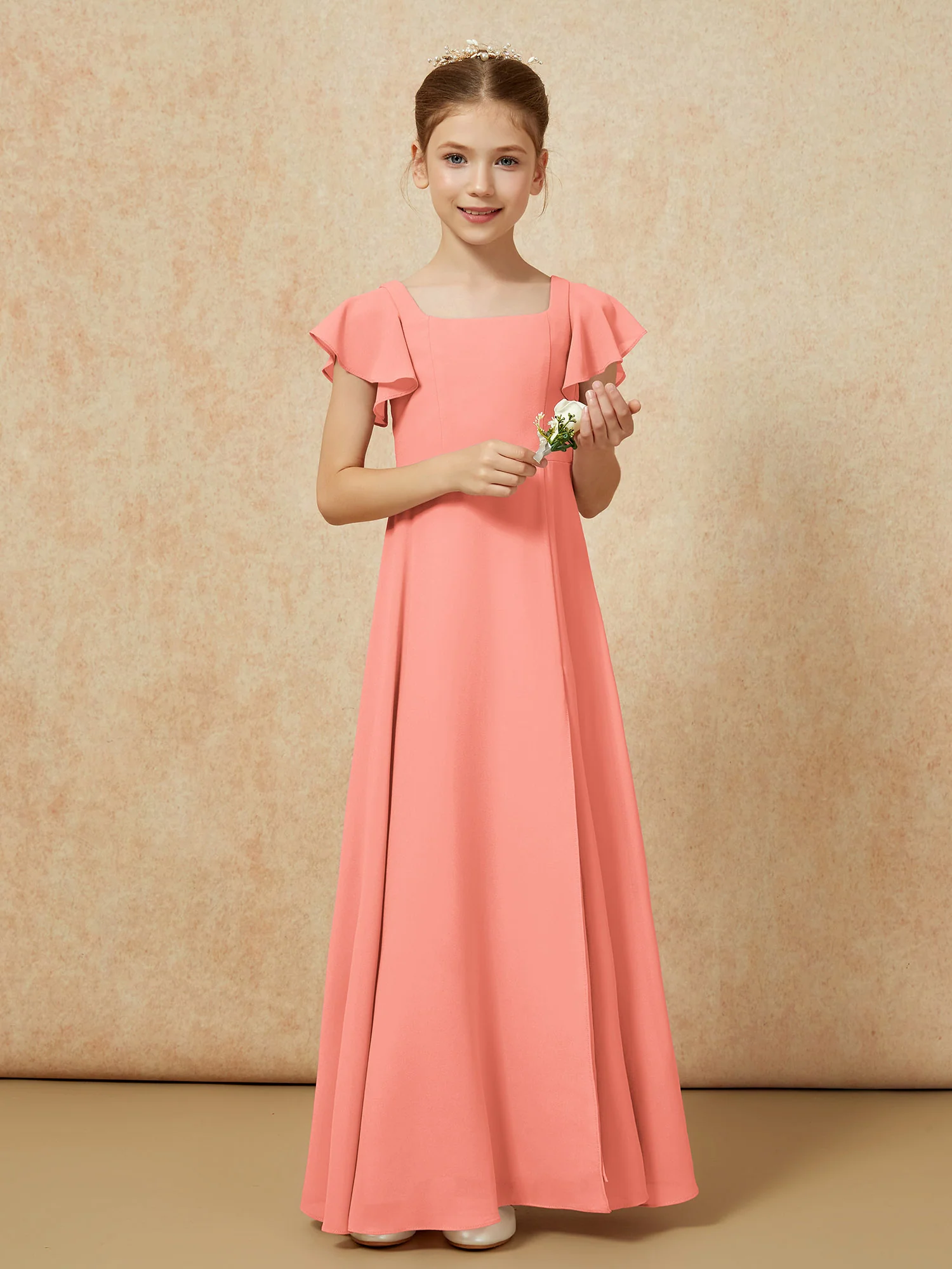 Flutter Sleeves Long Junior Bridesmaid Dresses With Slit Sunset - Image 5