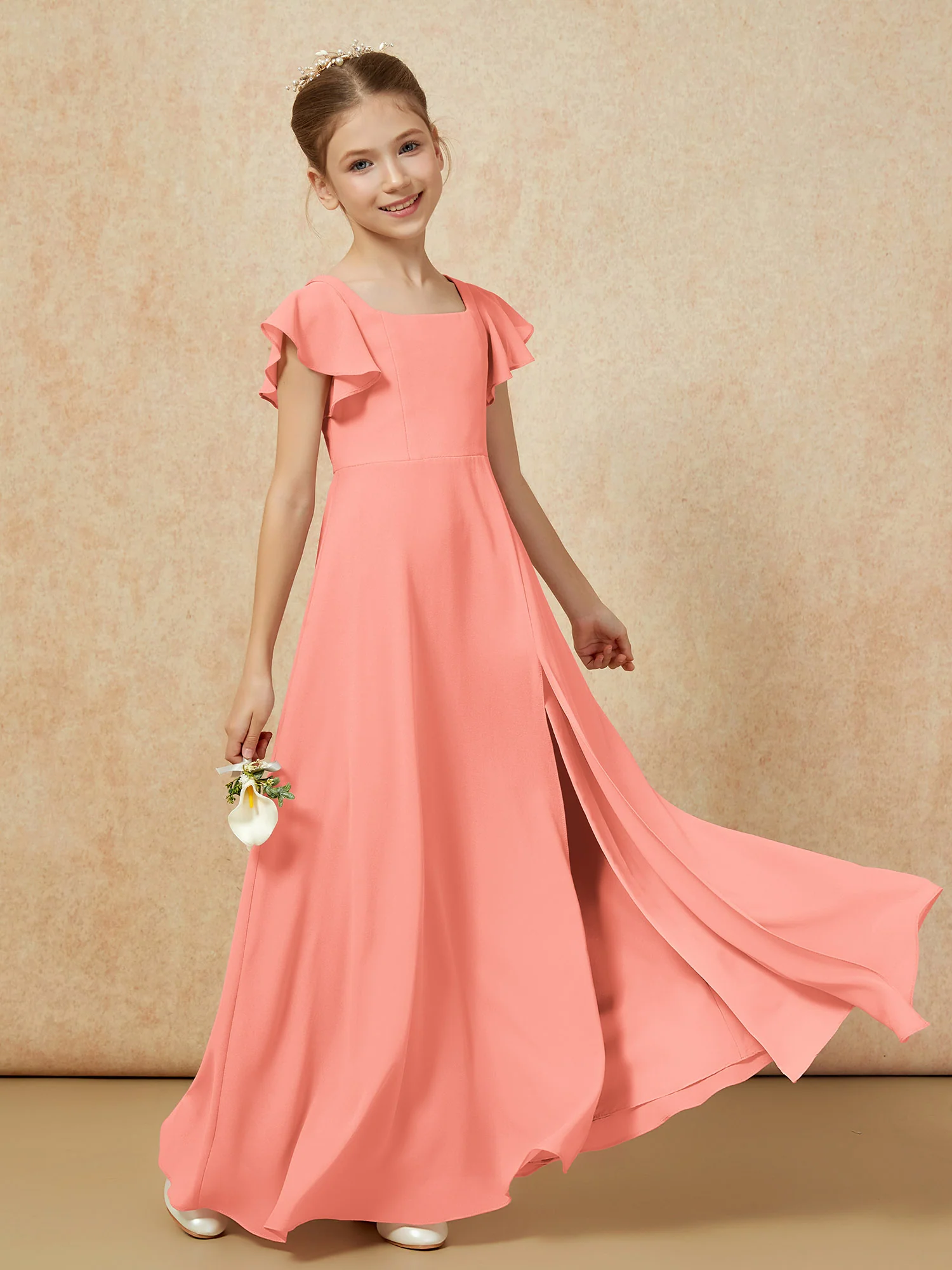 Flutter Sleeves Long Junior Bridesmaid Dresses With Slit Sunset - Image 6