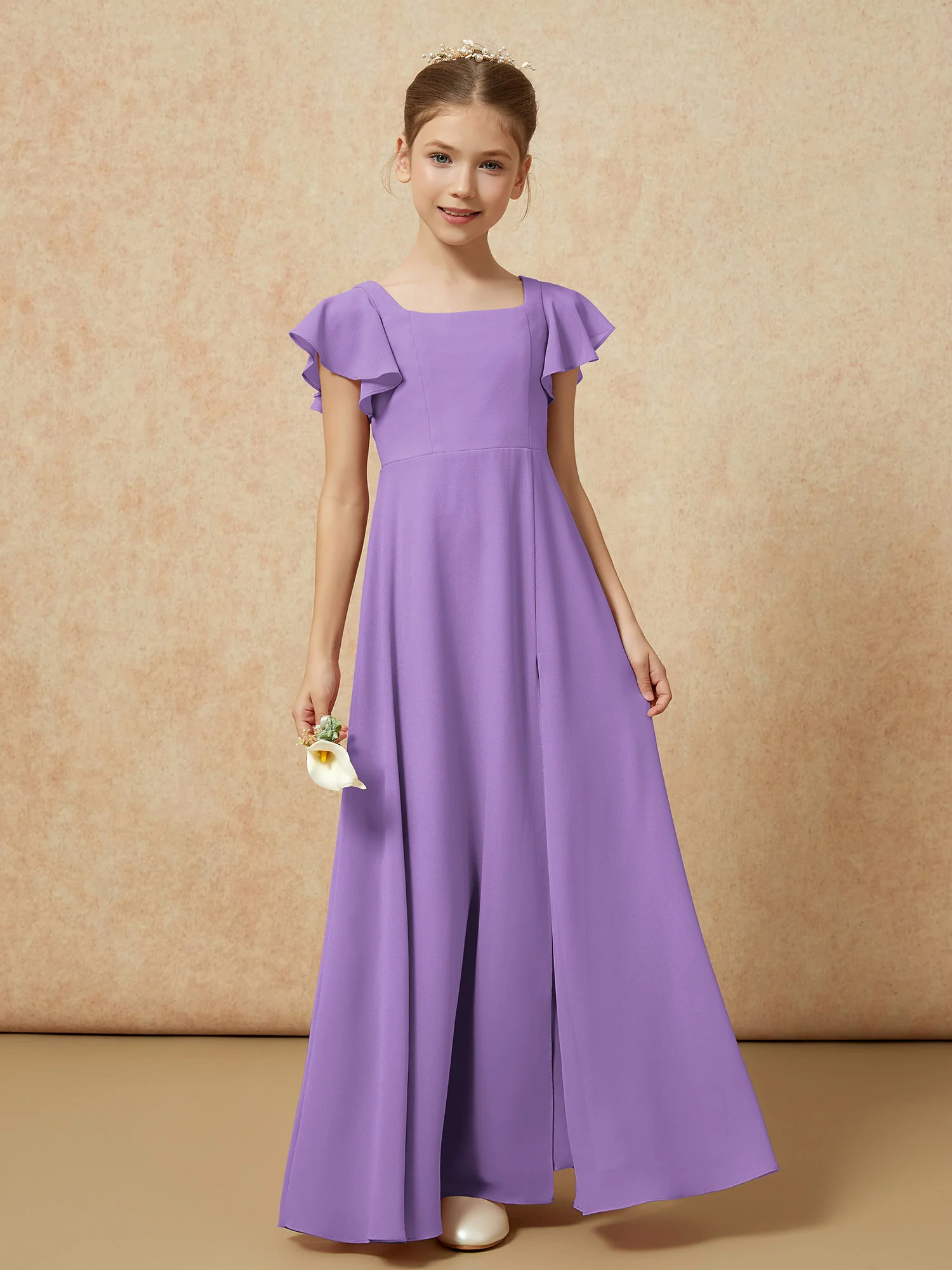 Flutter Sleeves Long Junior Bridesmaid Dresses With Slit Tahiti - Image 4