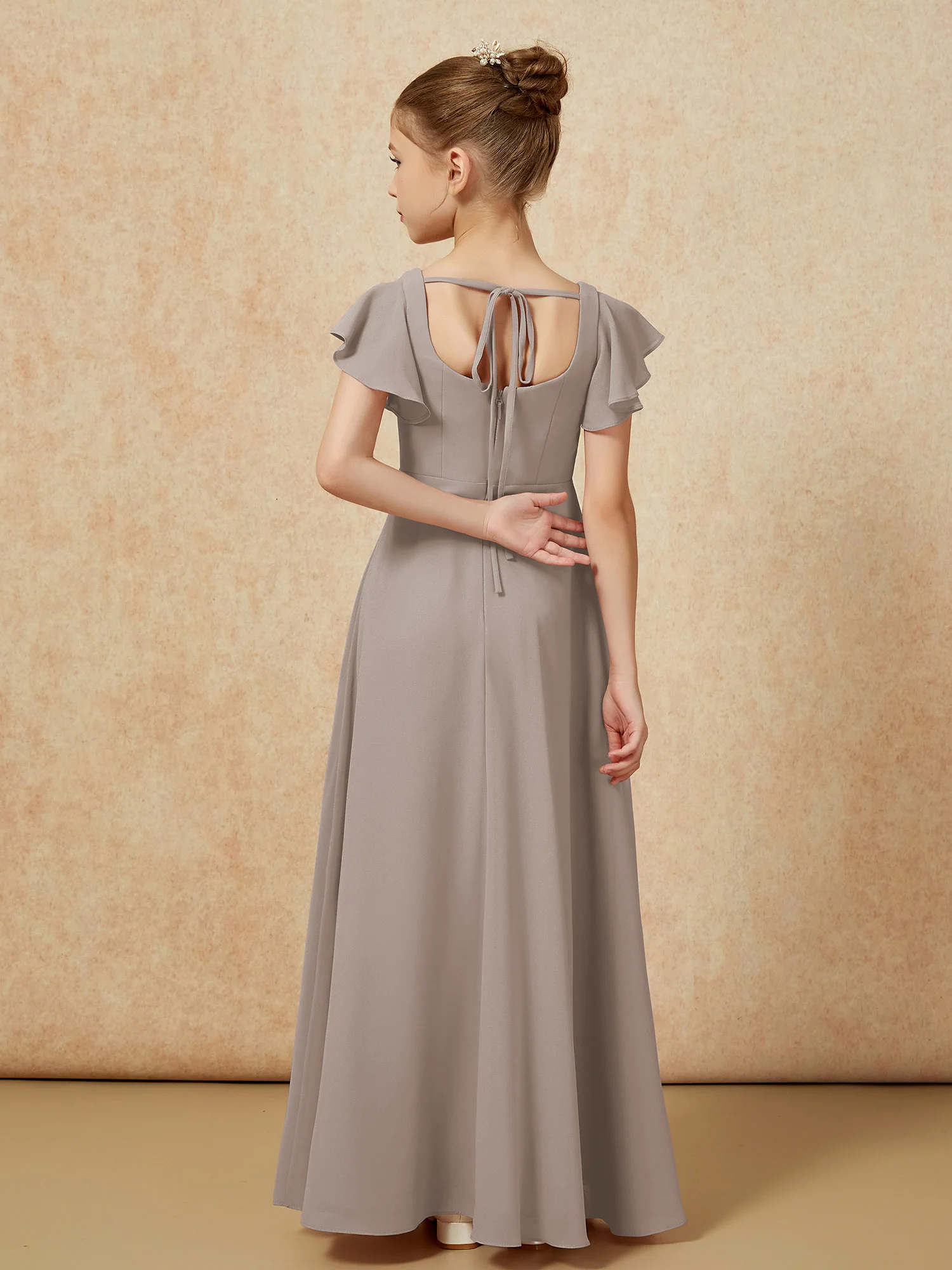 Flutter Sleeves Long Junior Bridesmaid Dresses With Slit Taupe - Image 2