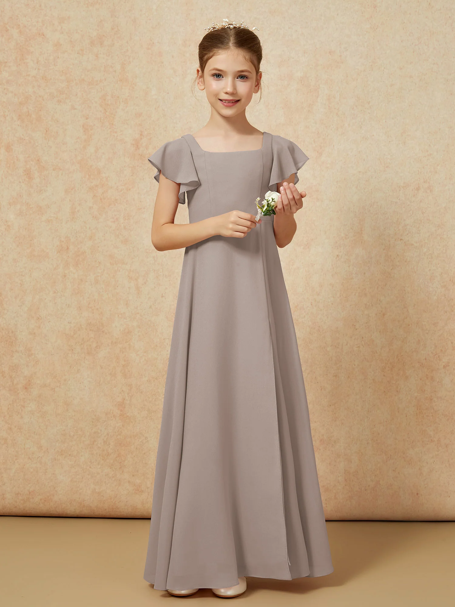 Flutter Sleeves Long Junior Bridesmaid Dresses With Slit Taupe - Image 5