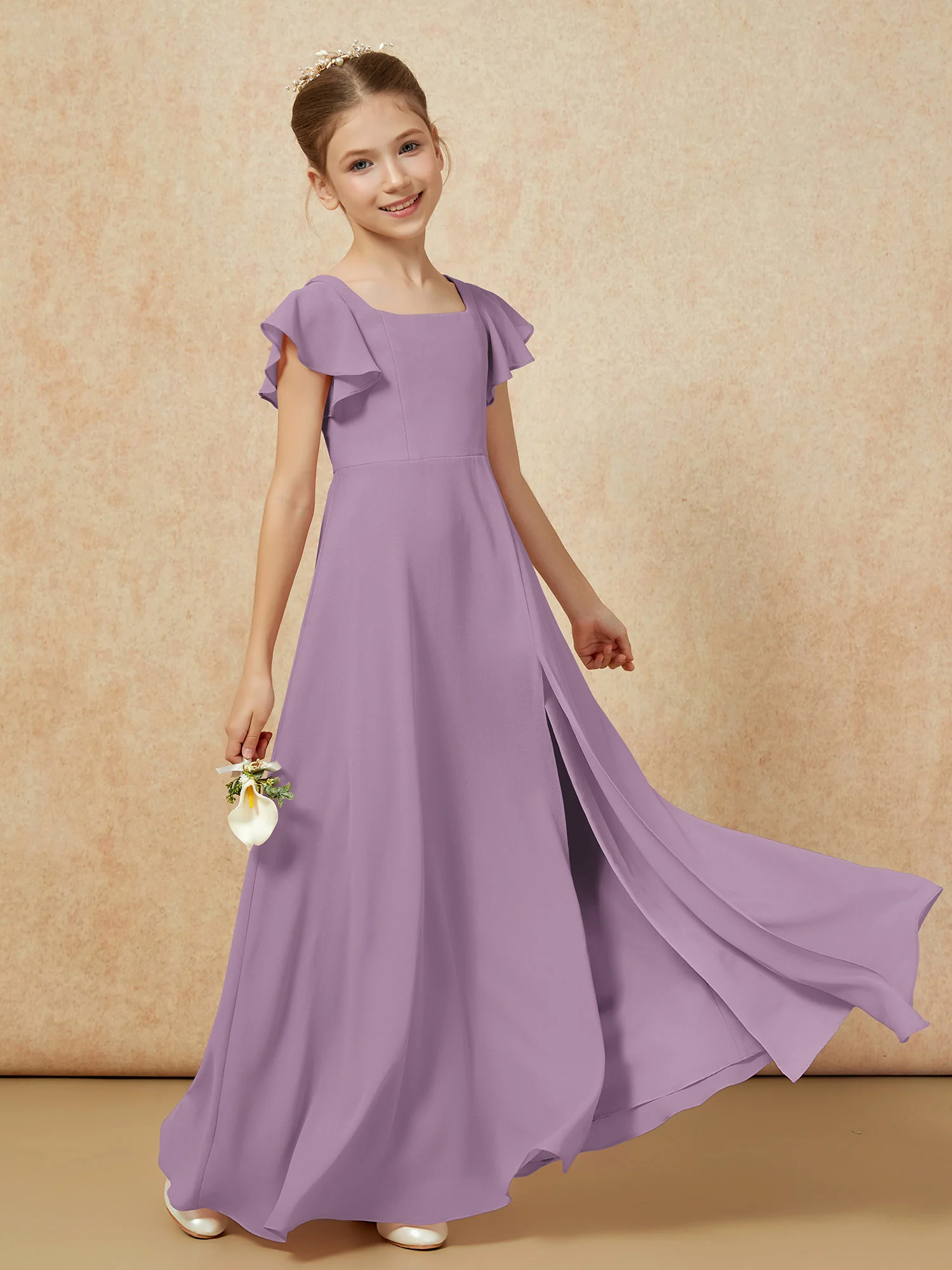 Flutter Sleeves Long Junior Bridesmaid Dresses With Slit Wisteria - Image 6