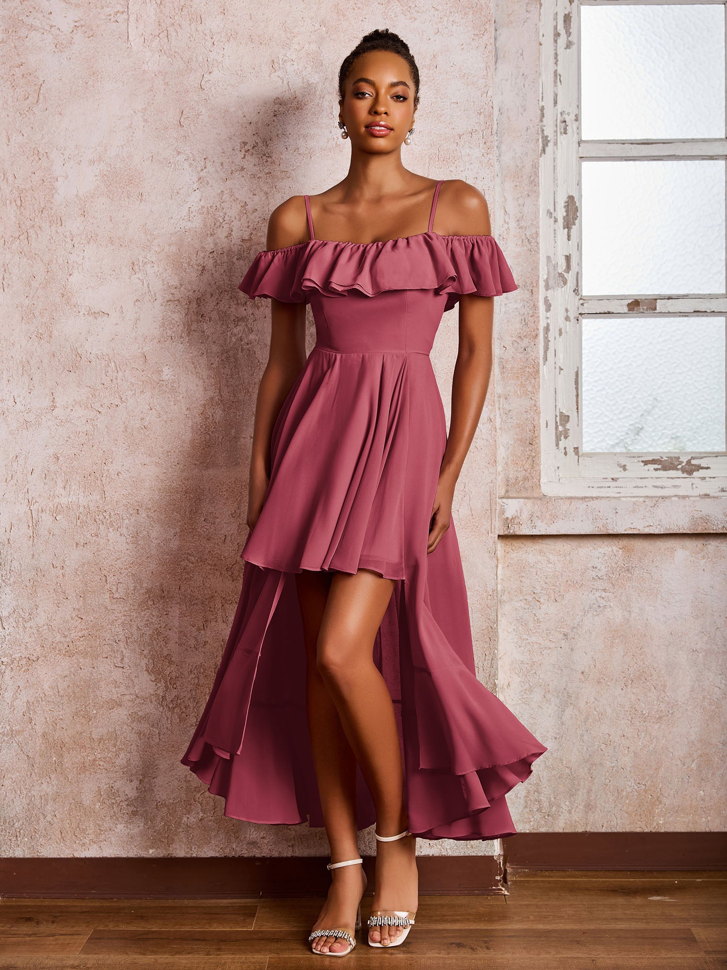 Flutter Sleeves Pleated Off-The-Shoulder Tea-Length Dresses Cinnamon Rose - Image 3