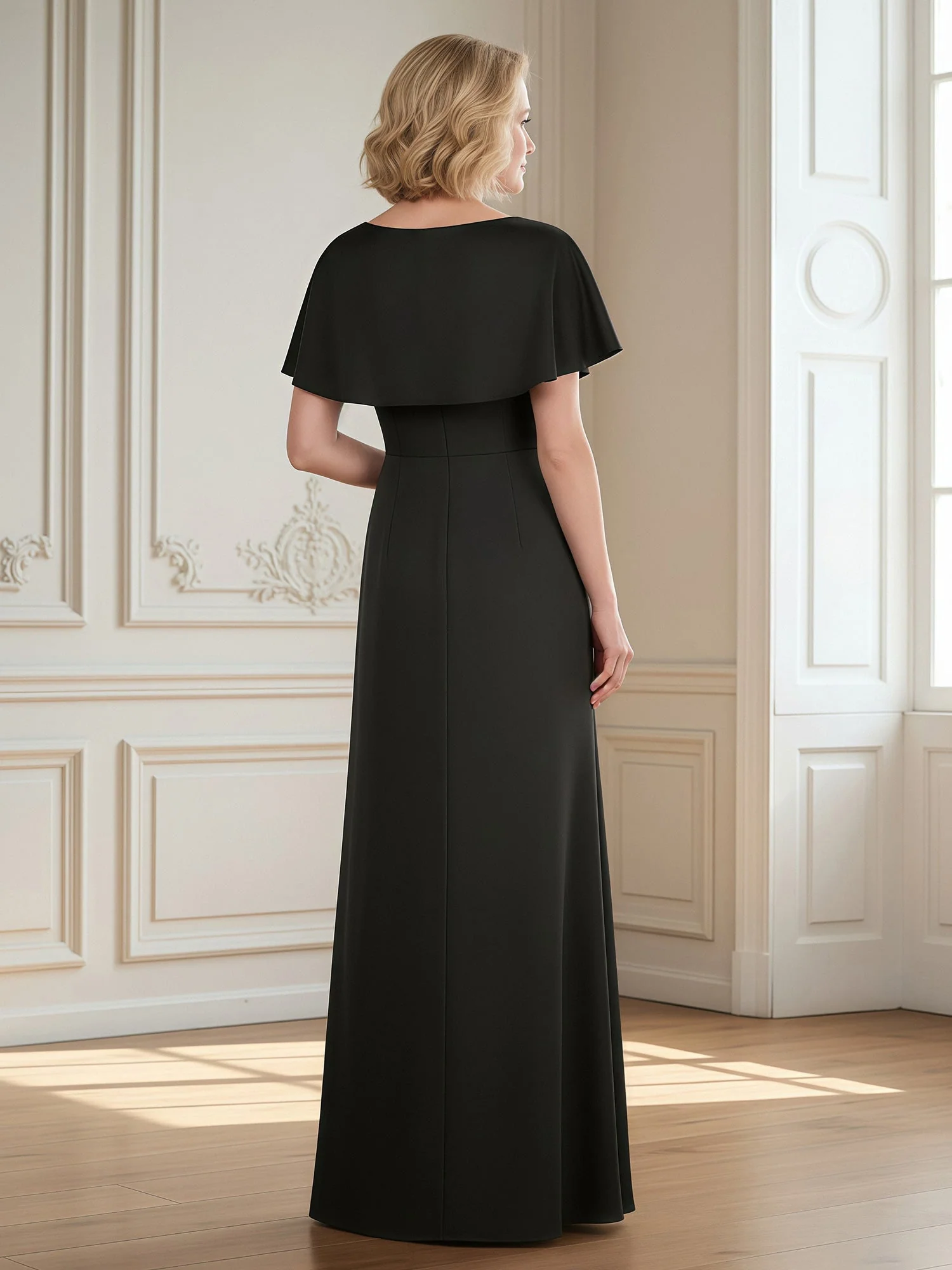 Flutter Sleeves Pleated V-neck Sheath Long Dress Dark Green - Image 2