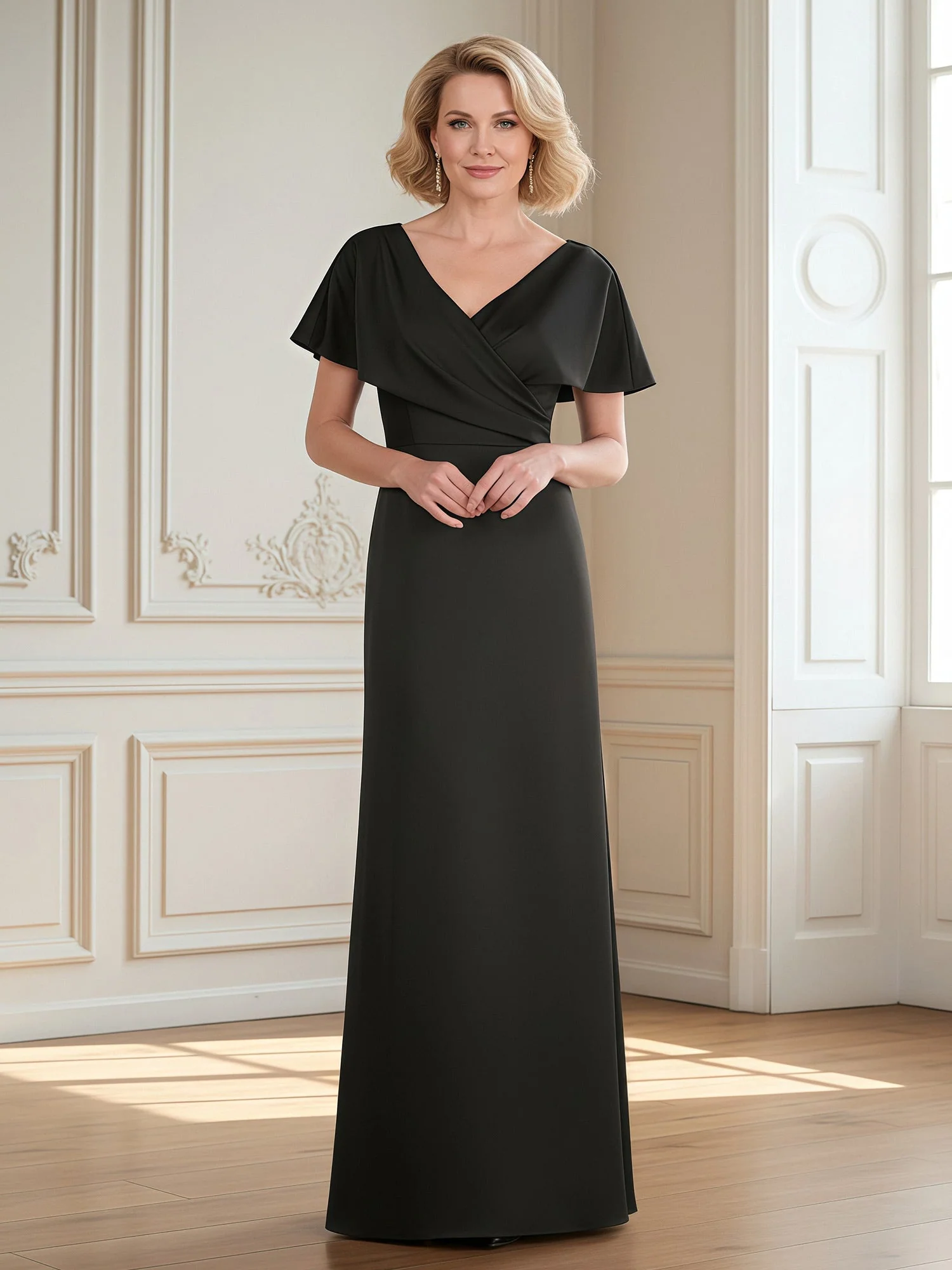 Flutter Sleeves Pleated V-neck Sheath Long Dress Steel Grey