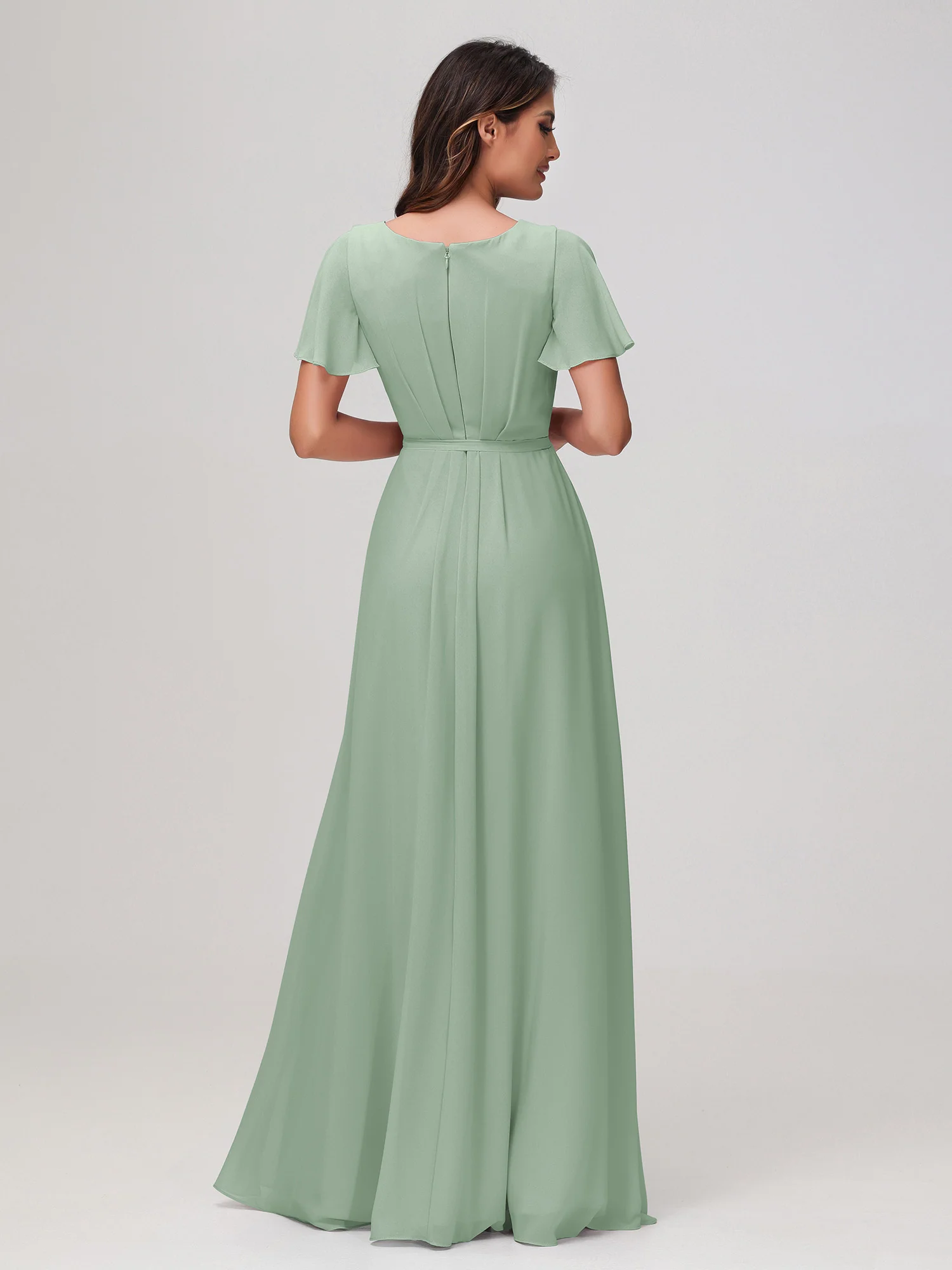 Flutter Sleeves Ruched Chiffon Dress with Sash Agave - Image 2