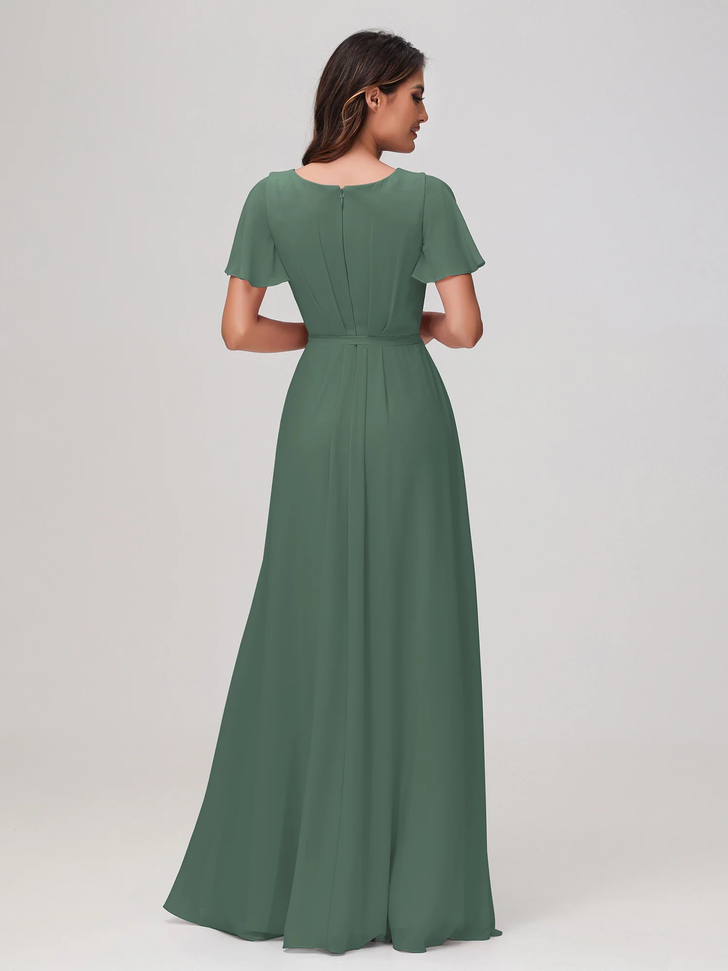 Flutter Sleeves Ruched Chiffon Dress with Sash Eucalyptus - Image 2