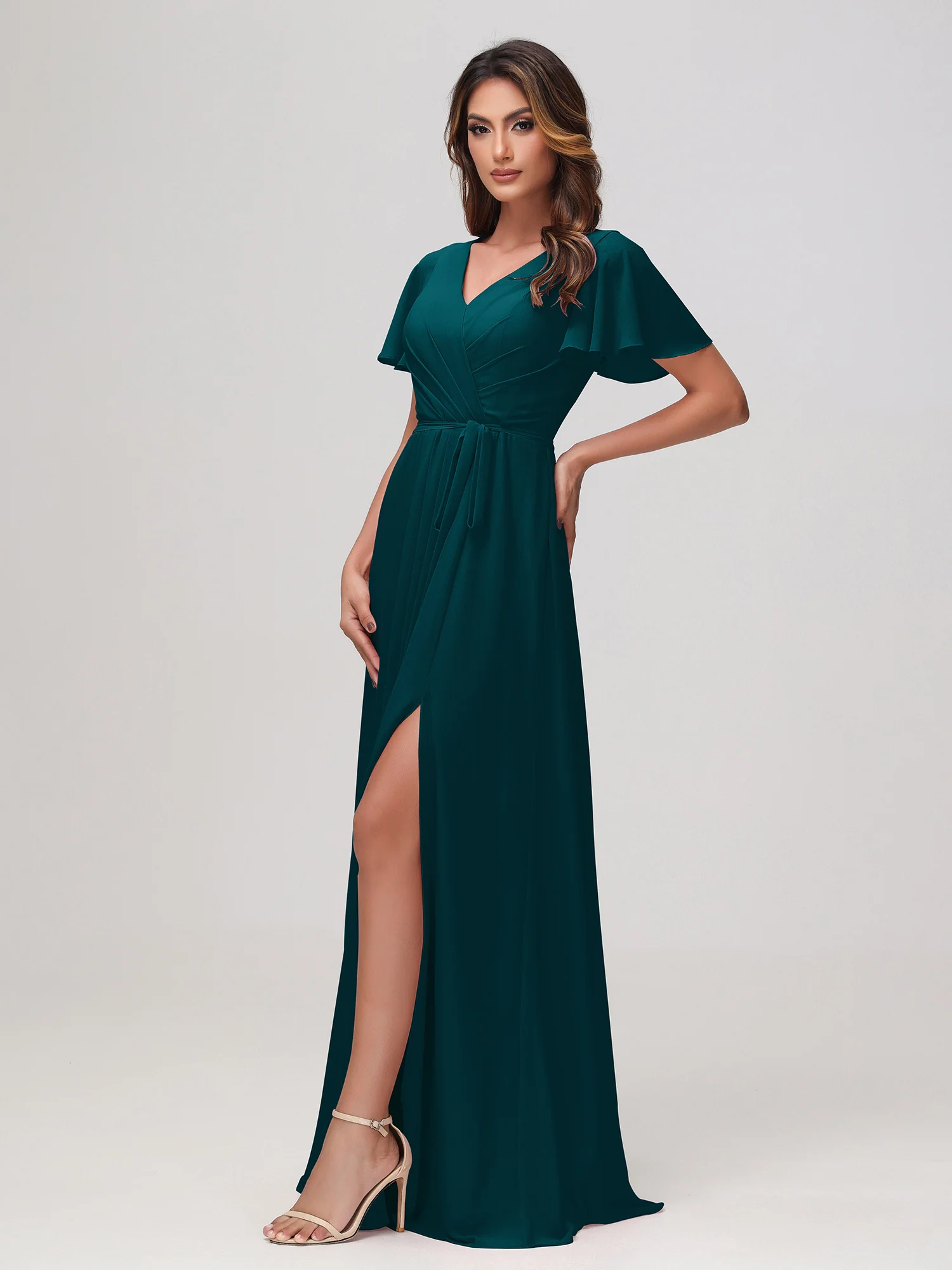 Flutter Sleeves Ruched Chiffon Dress with Sash Pine - Image 3