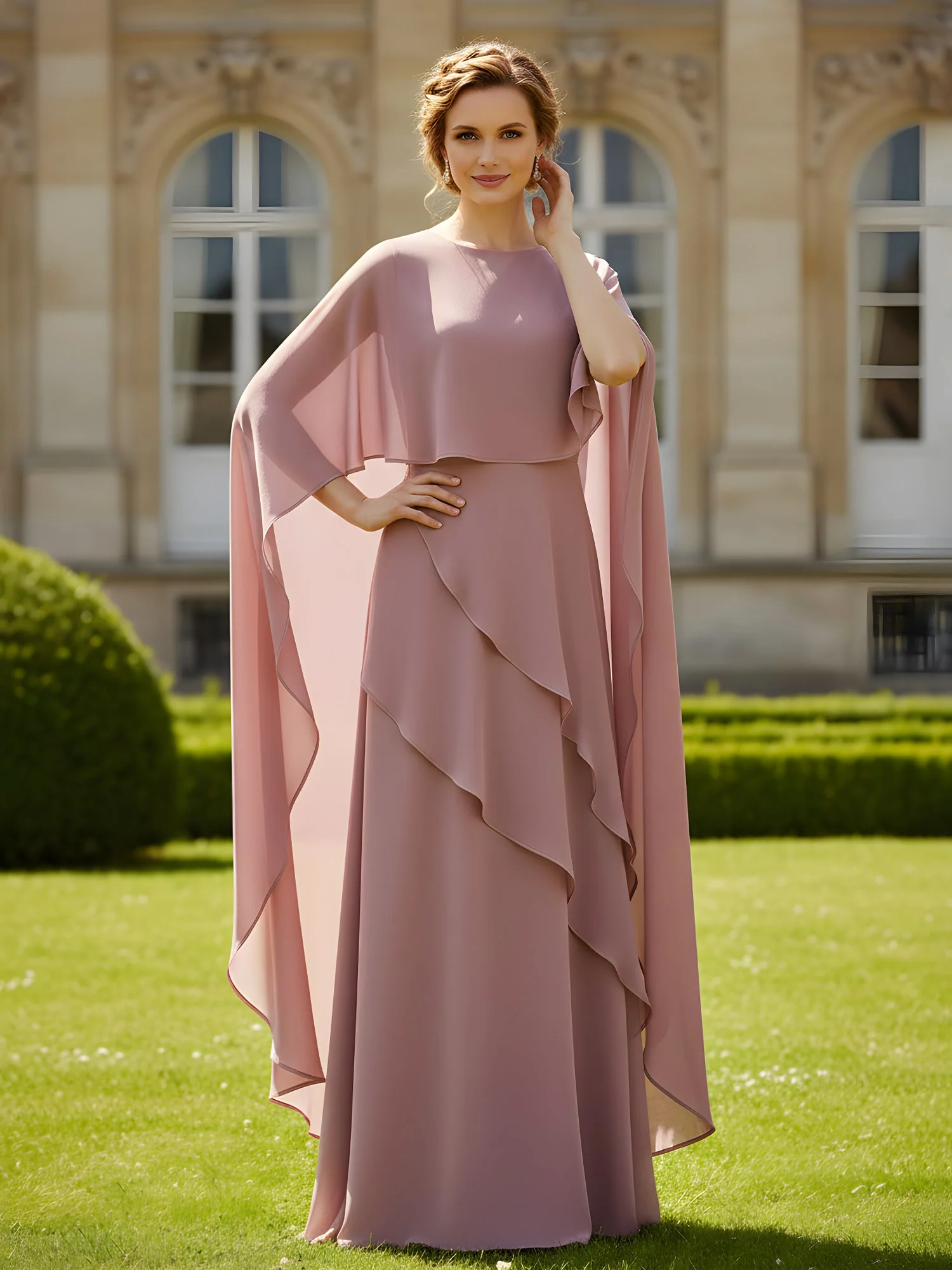 Flutter Sleeves Scoop Neck A-Line Chiffon Dress Rust