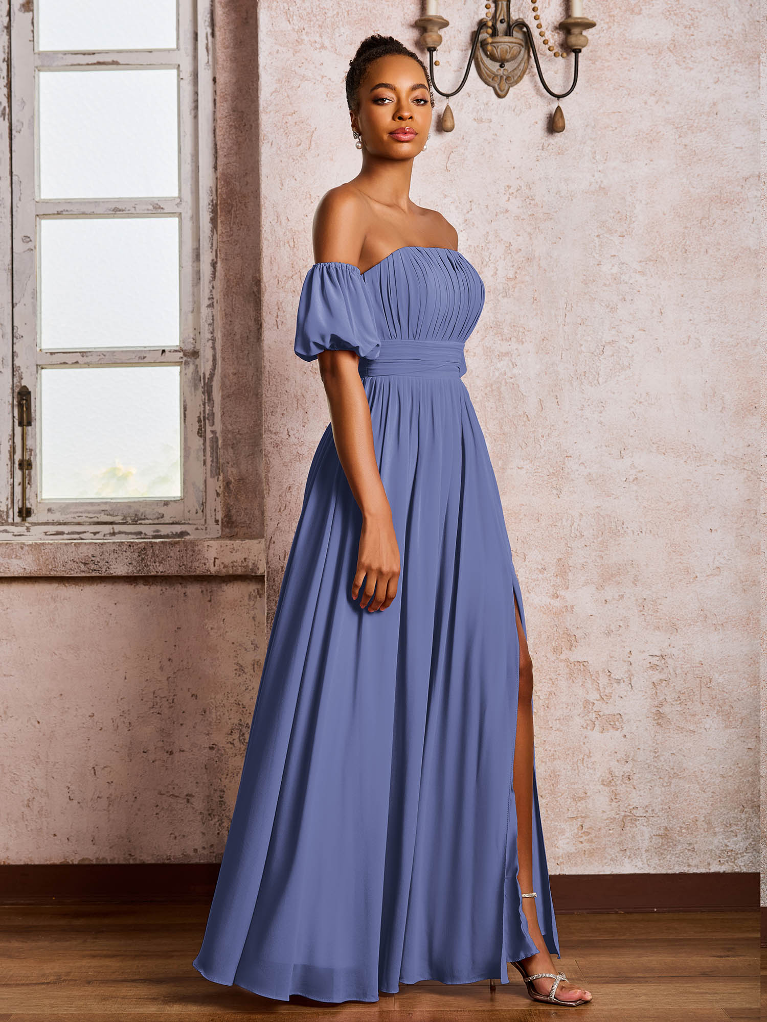 Flutter Sleeves Square Chiffon Dresses With Slit Periwinkle - Image 3