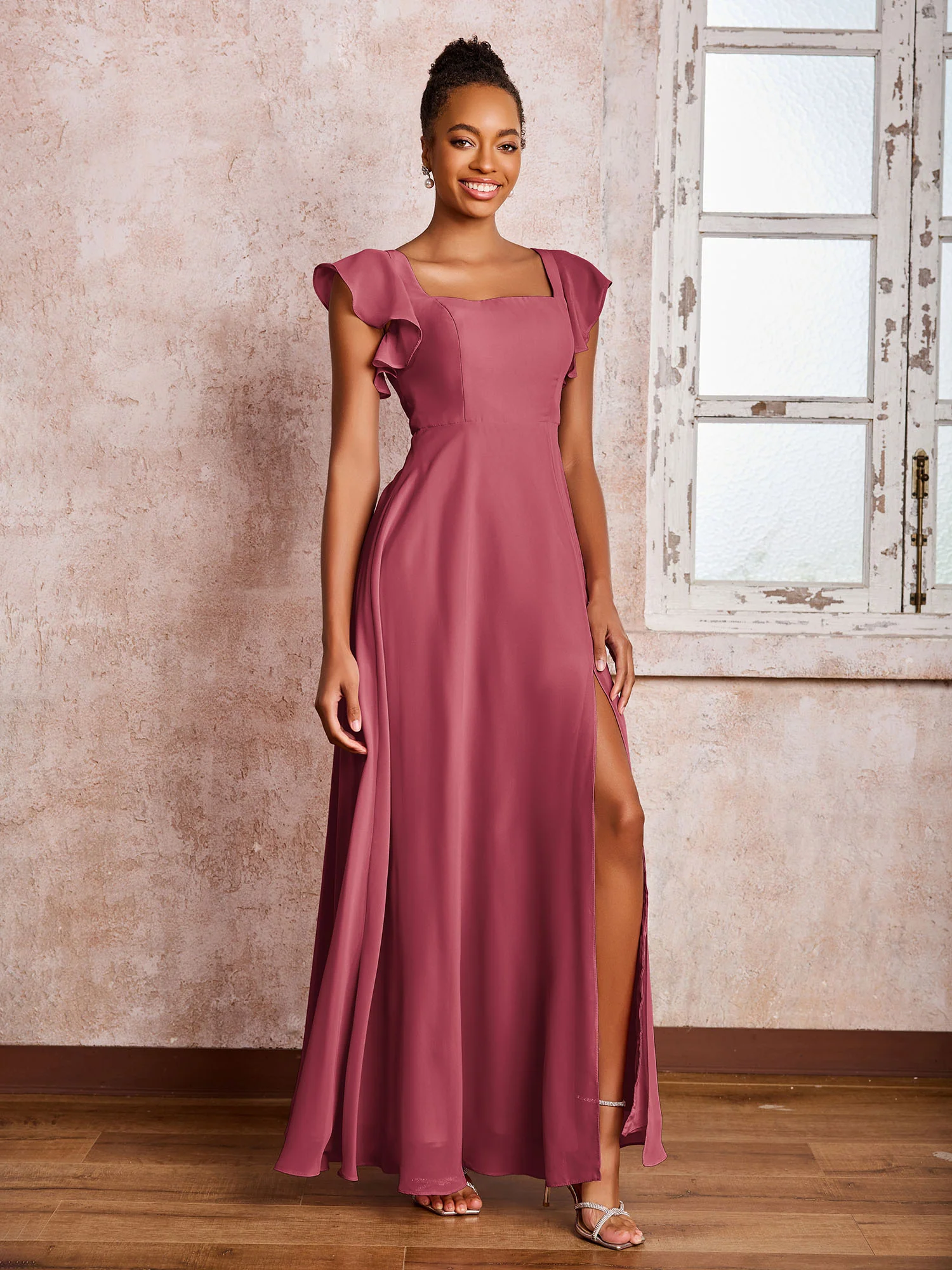 Flutter Sleeves Square Neck Backless Chiffon Dresses with Slit Cinnamon Rose