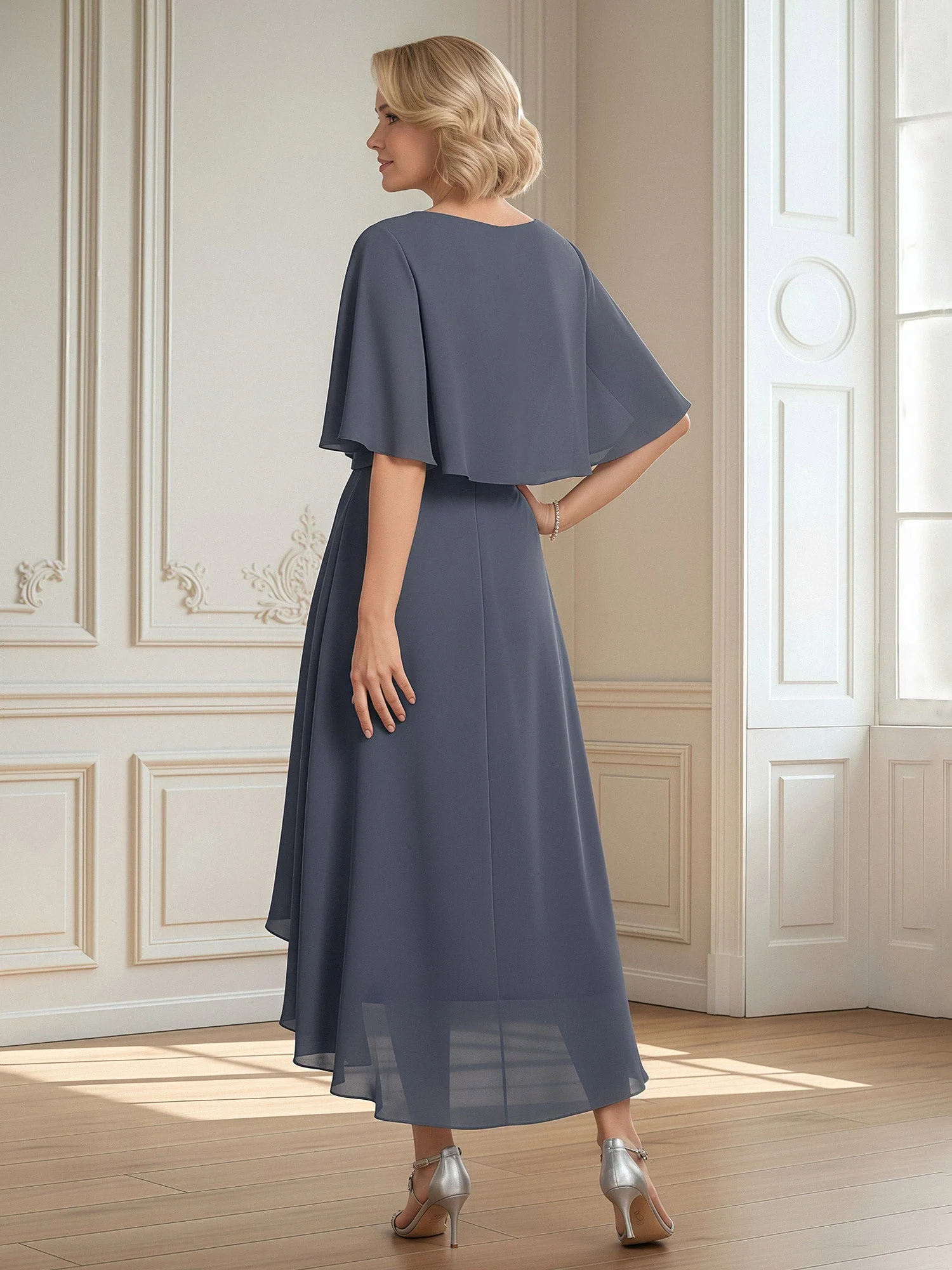 Flutter Sleeves V-neck Asymmetrical Chiffon Dress Clover - Image 2