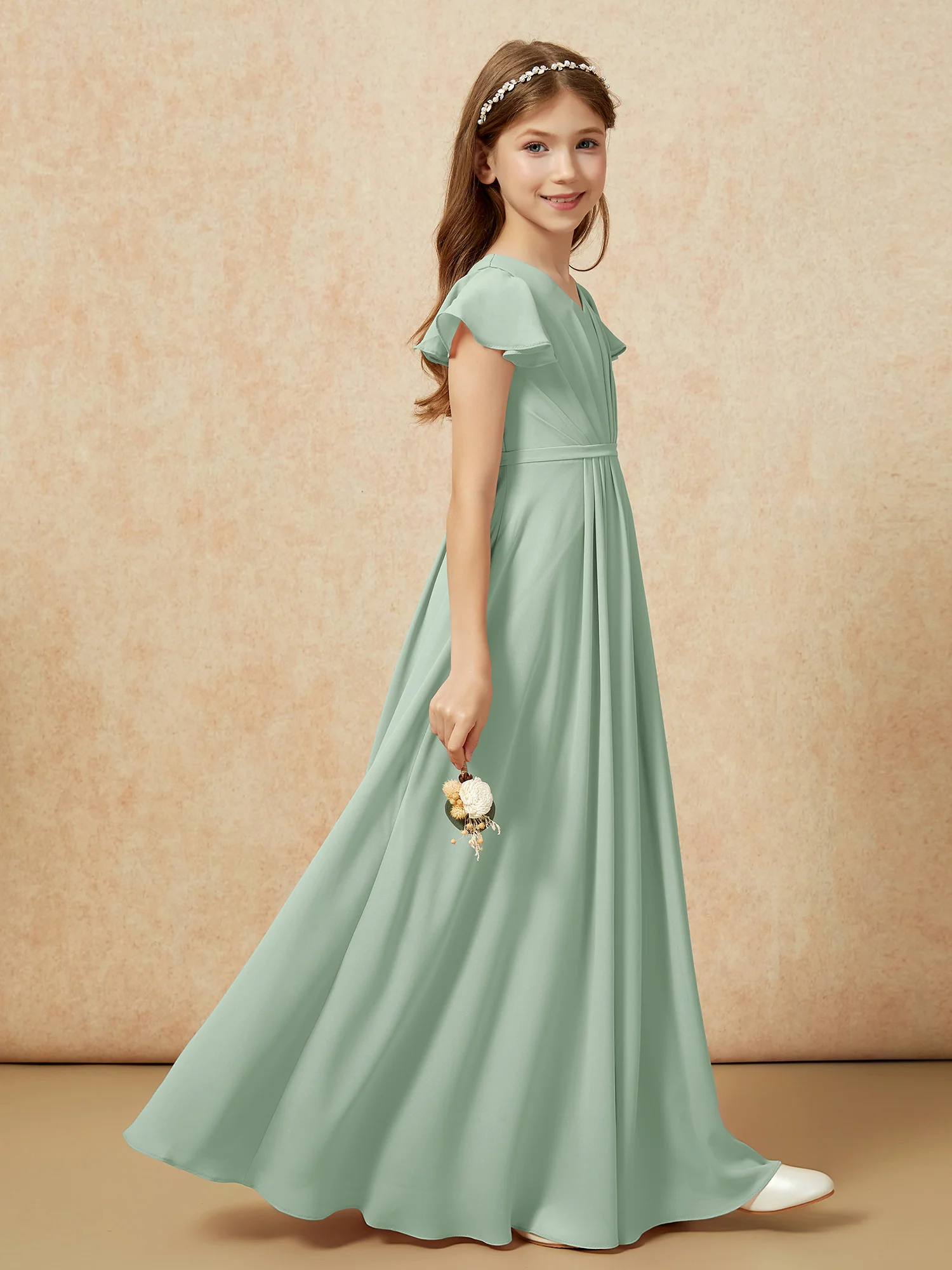 Flutter Sleeves V-neck Chiffon Junior Bridesmaid Dresses Agave - Image 5