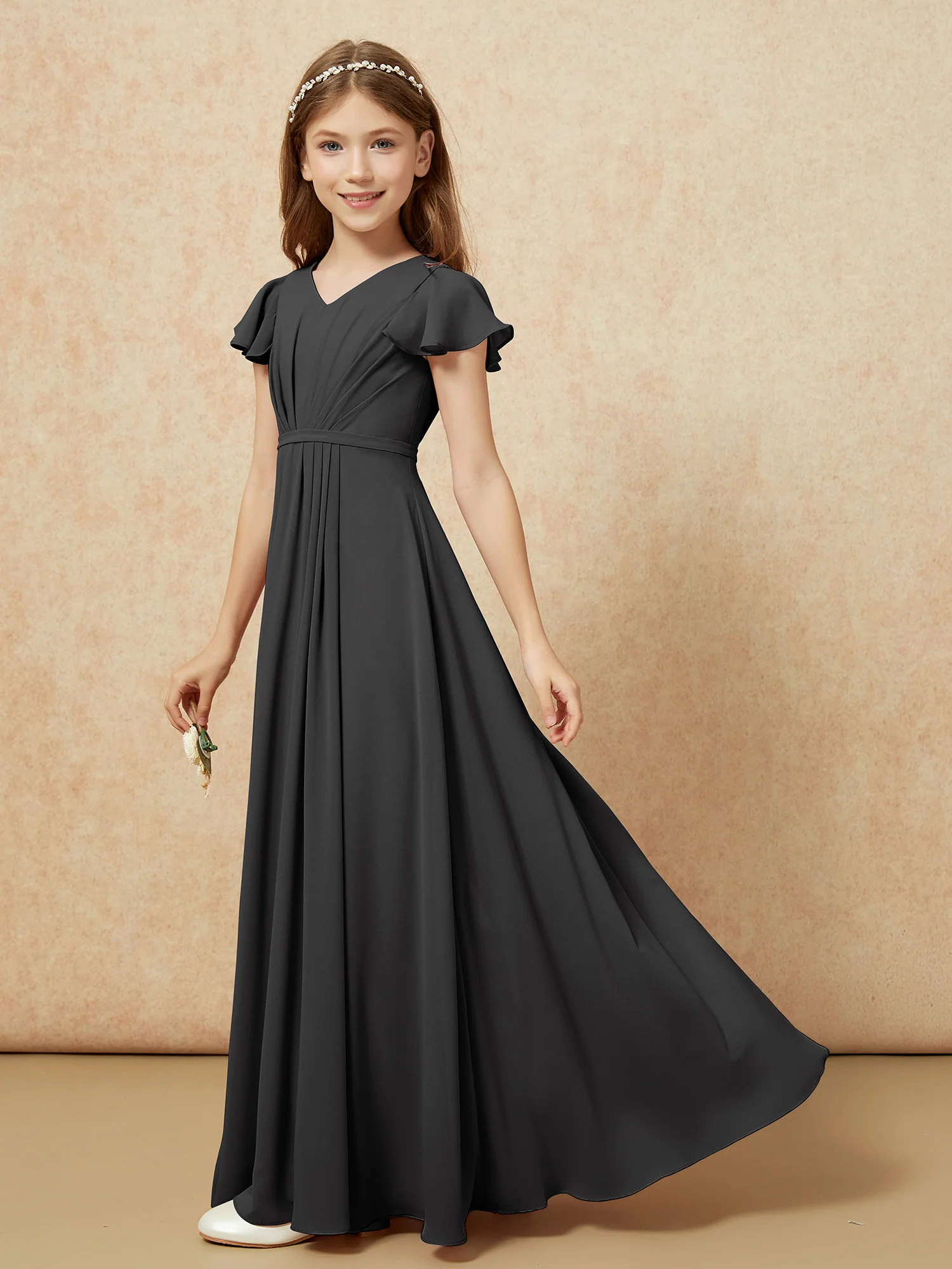 Flutter Sleeves V-neck Chiffon Junior Bridesmaid Dresses Black - Image 3