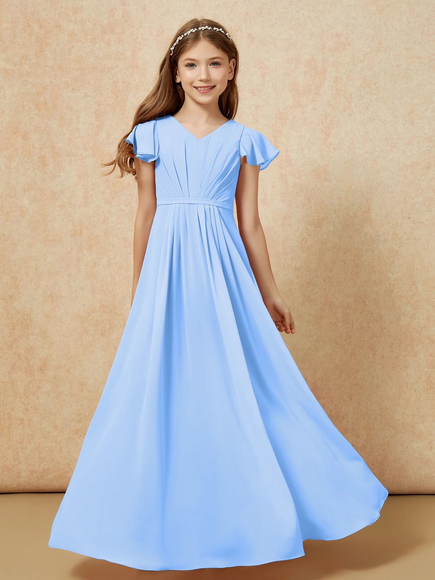 Flutter Sleeves V-neck Chiffon Junior Bridesmaid Dresses Blue