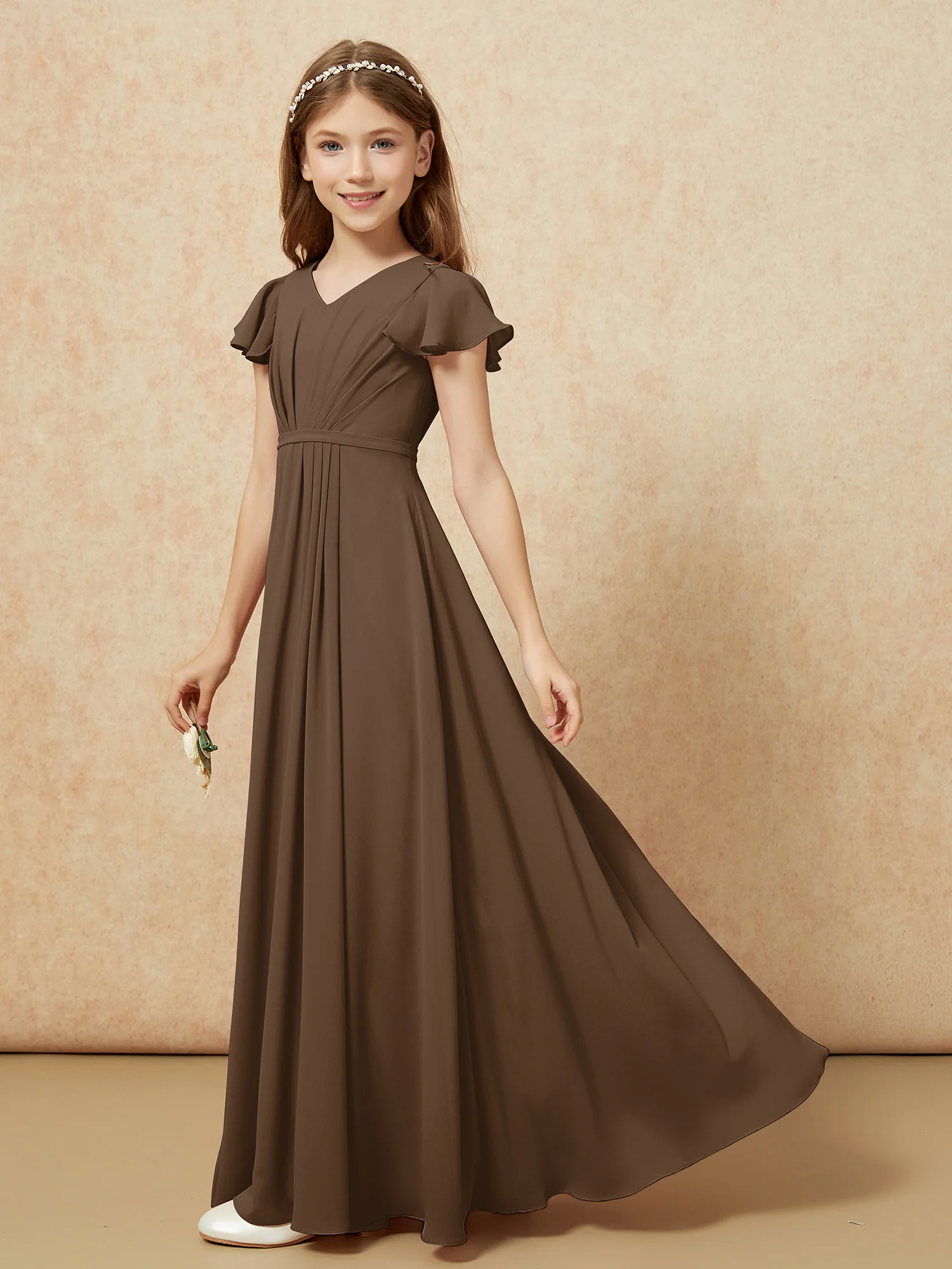 Flutter Sleeves V-neck Chiffon Junior Bridesmaid Dresses Brown - Image 3