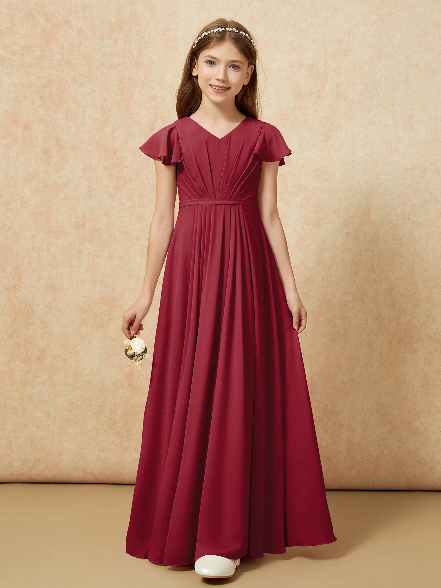 Flutter Sleeves V-neck Chiffon Junior Bridesmaid Dresses Burgundy - Image 6