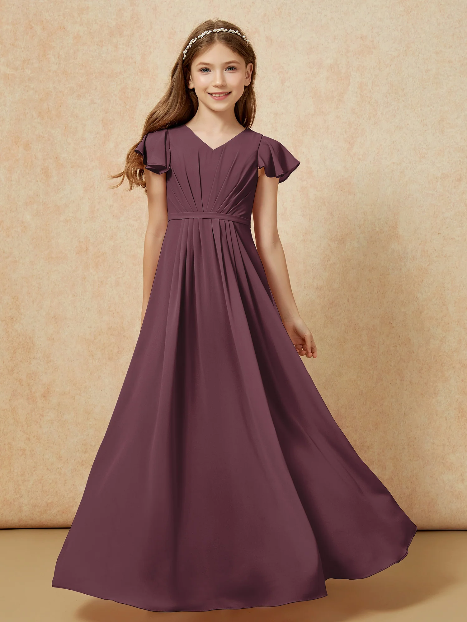 Flutter Sleeves V-neck Chiffon Junior Bridesmaid Dresses Cabernet