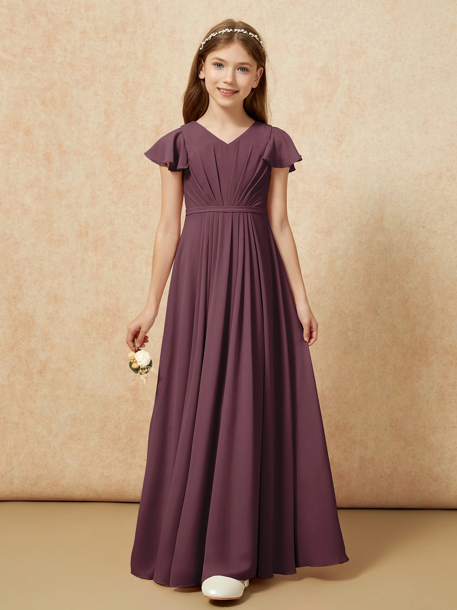 Flutter Sleeves V-neck Chiffon Junior Bridesmaid Dresses Cabernet - Image 6