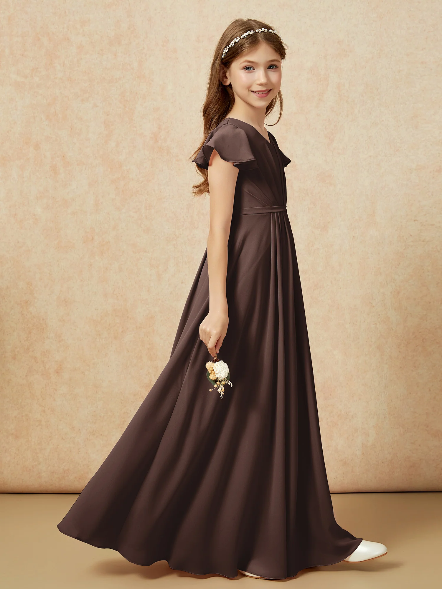 Flutter Sleeves V-neck Chiffon Junior Bridesmaid Dresses Chocolate - Image 5