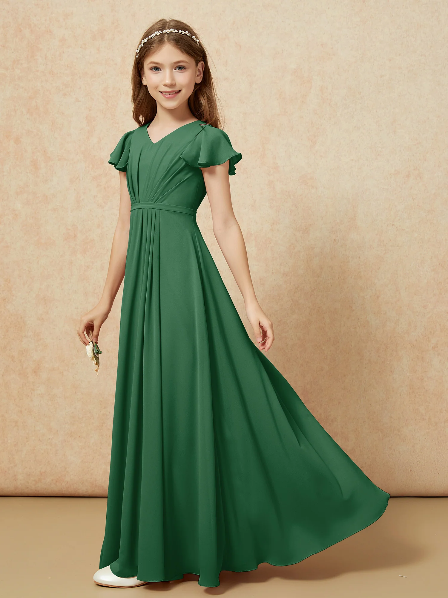 Flutter Sleeves V-neck Chiffon Junior Bridesmaid Dresses Dark Green - Image 3