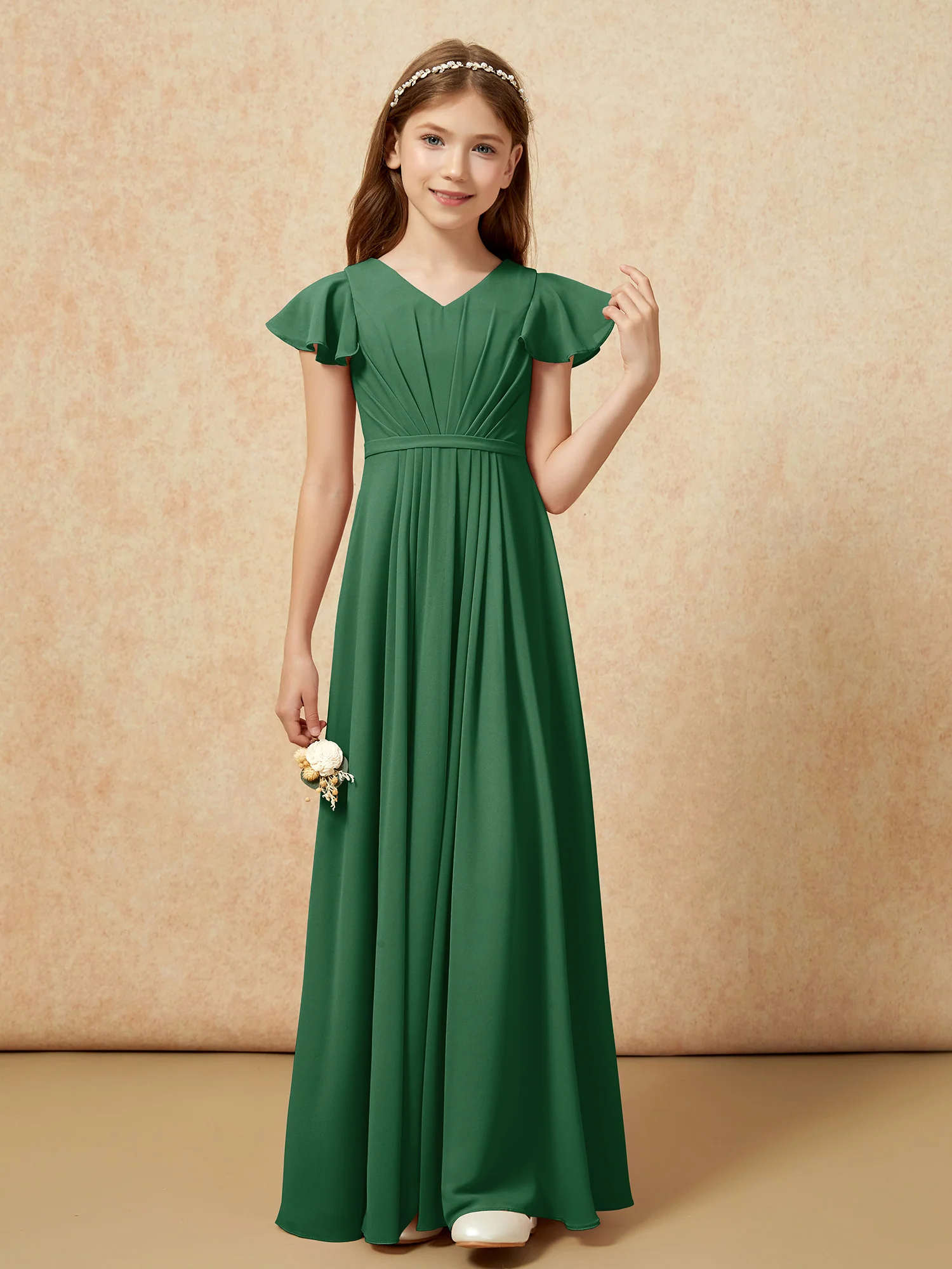 Flutter Sleeves V-neck Chiffon Junior Bridesmaid Dresses Dark Green - Image 4