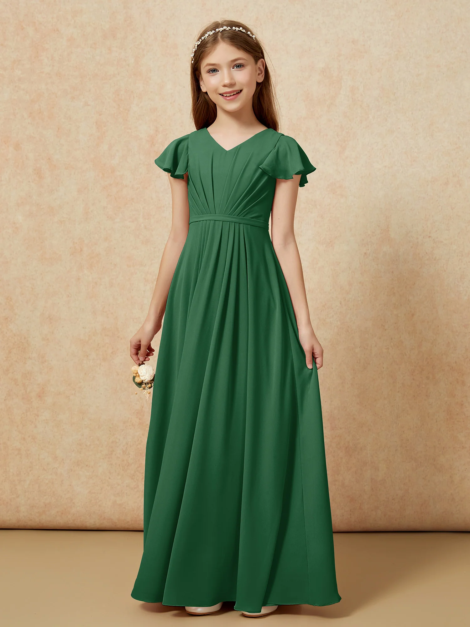 Flutter Sleeves V-neck Chiffon Junior Bridesmaid Dresses Dark Green - Image 7