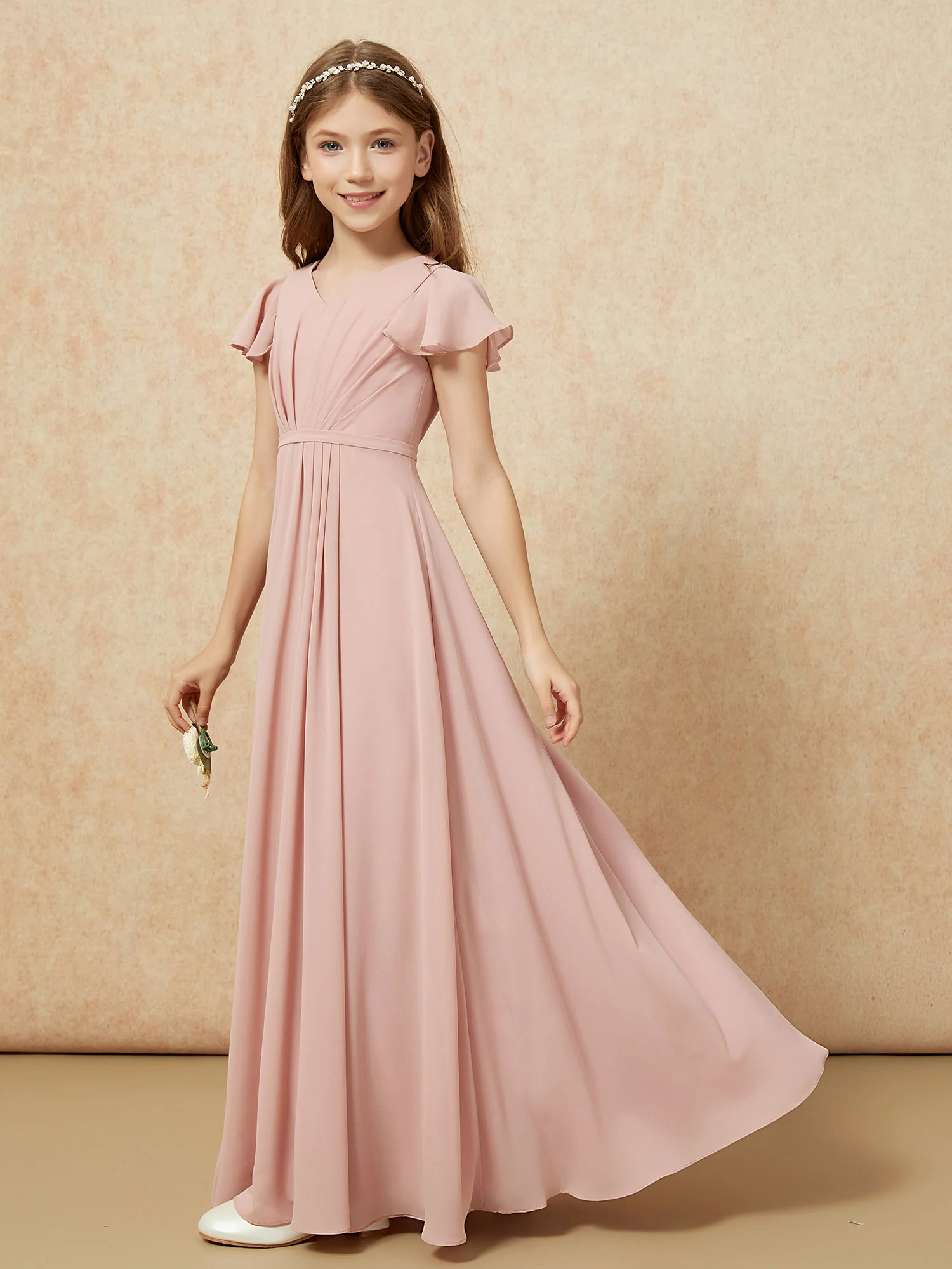 Flutter Sleeves V-neck Chiffon Junior Bridesmaid Dresses Dusty Rose - Image 3