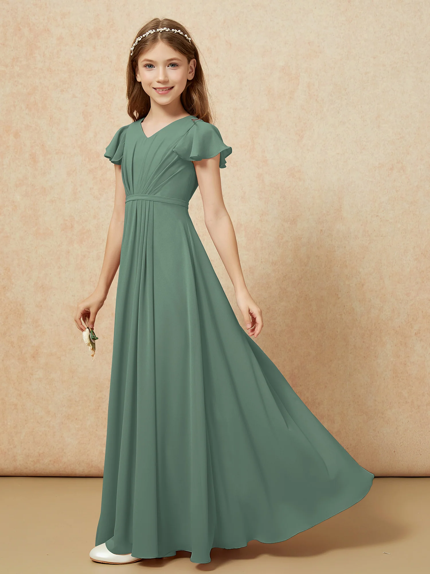 Flutter Sleeves V-neck Chiffon Junior Bridesmaid Dresses Eucalyptus - Image 3