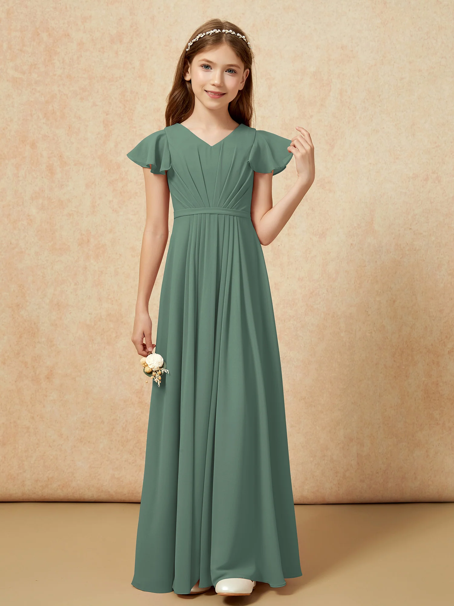 Flutter Sleeves V-neck Chiffon Junior Bridesmaid Dresses Eucalyptus - Image 4