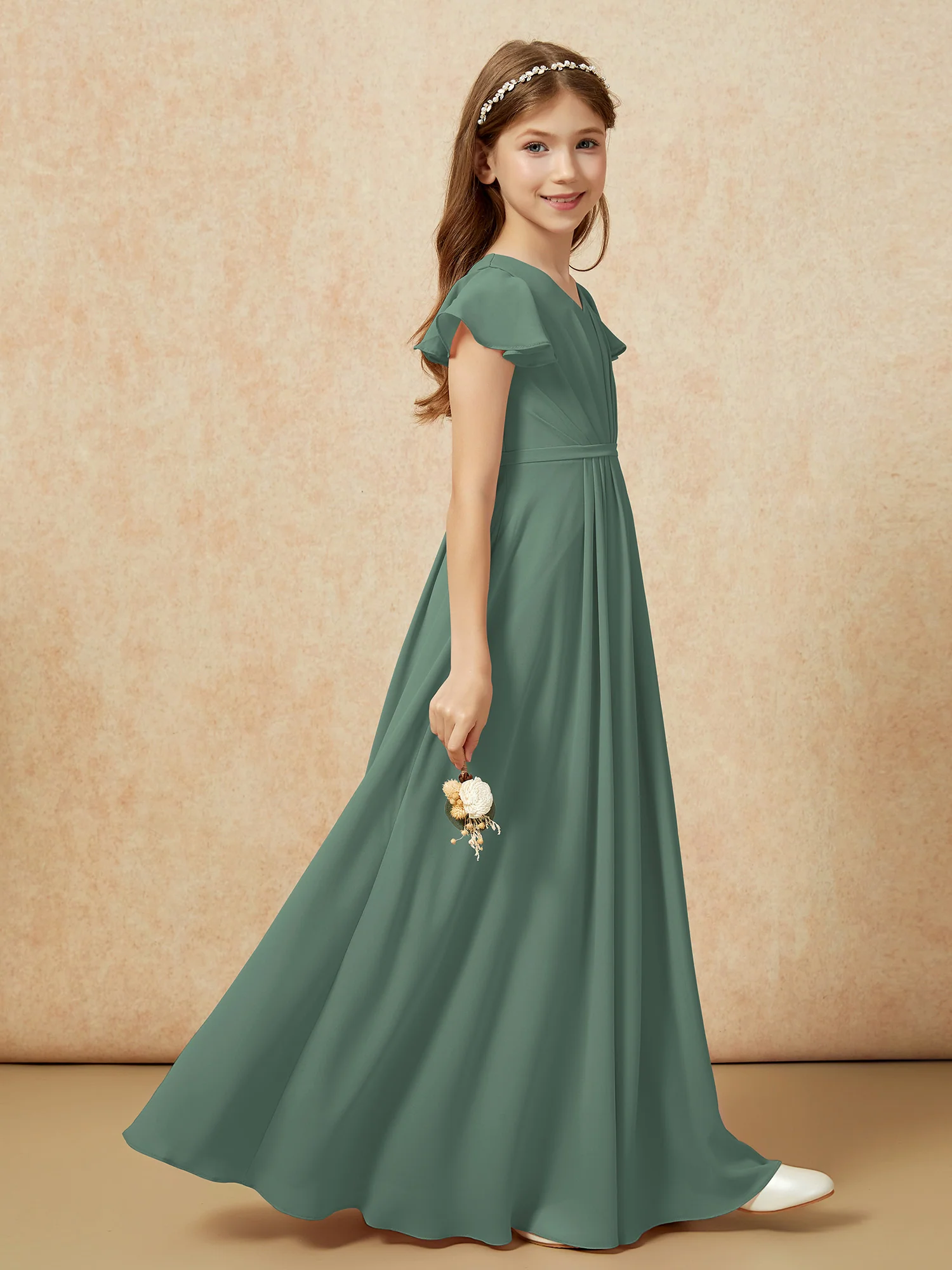 Flutter Sleeves V-neck Chiffon Junior Bridesmaid Dresses Eucalyptus - Image 5