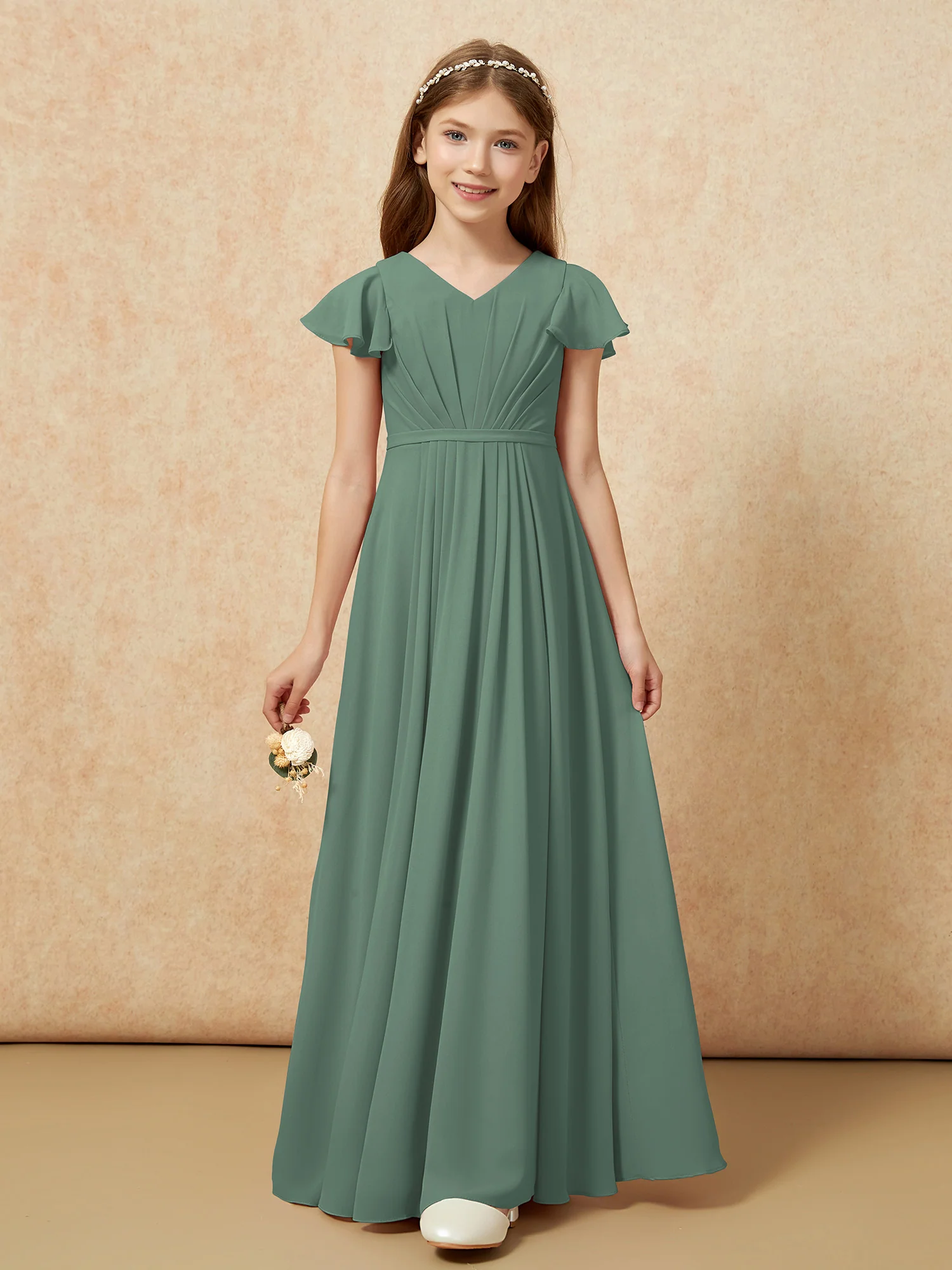 Flutter Sleeves V-neck Chiffon Junior Bridesmaid Dresses Eucalyptus - Image 6