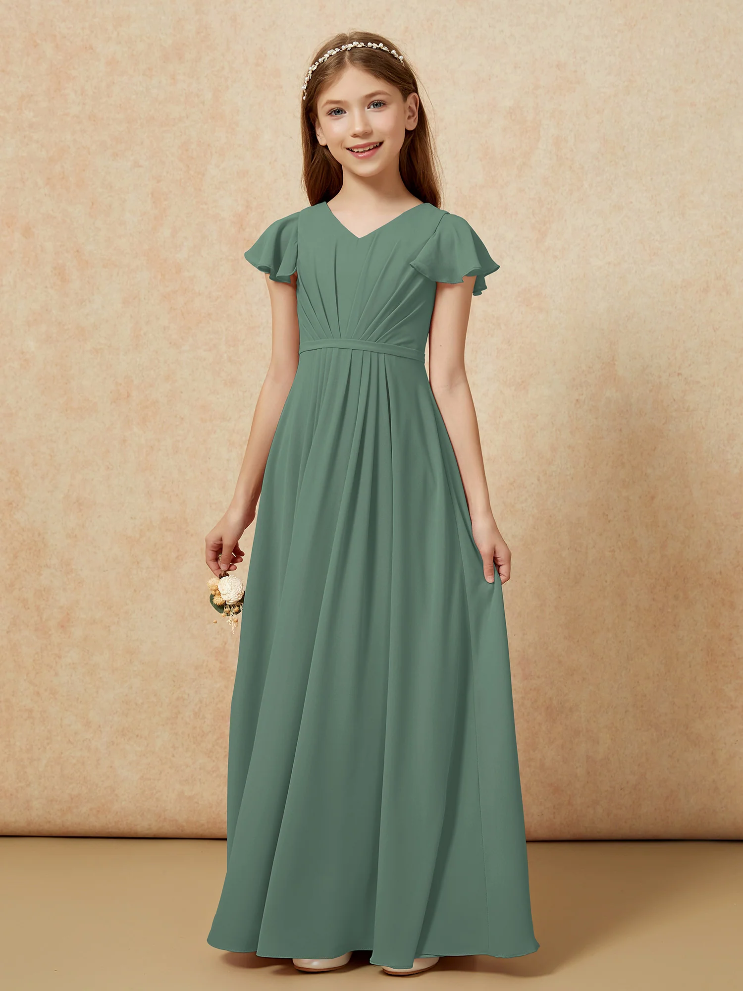 Flutter Sleeves V-neck Chiffon Junior Bridesmaid Dresses Eucalyptus - Image 7