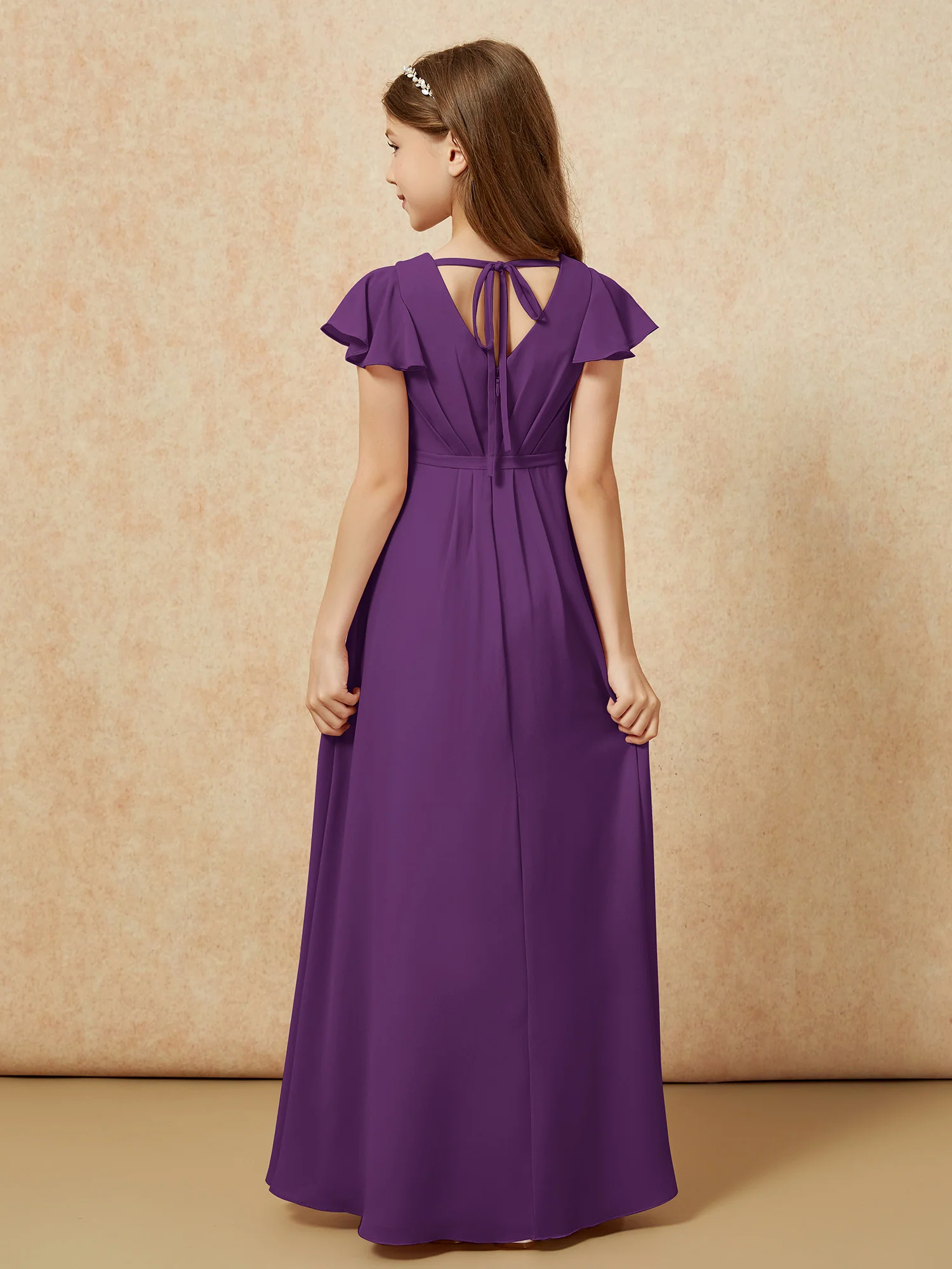 Flutter Sleeves V-neck Chiffon Junior Bridesmaid Dresses Grape - Image 2