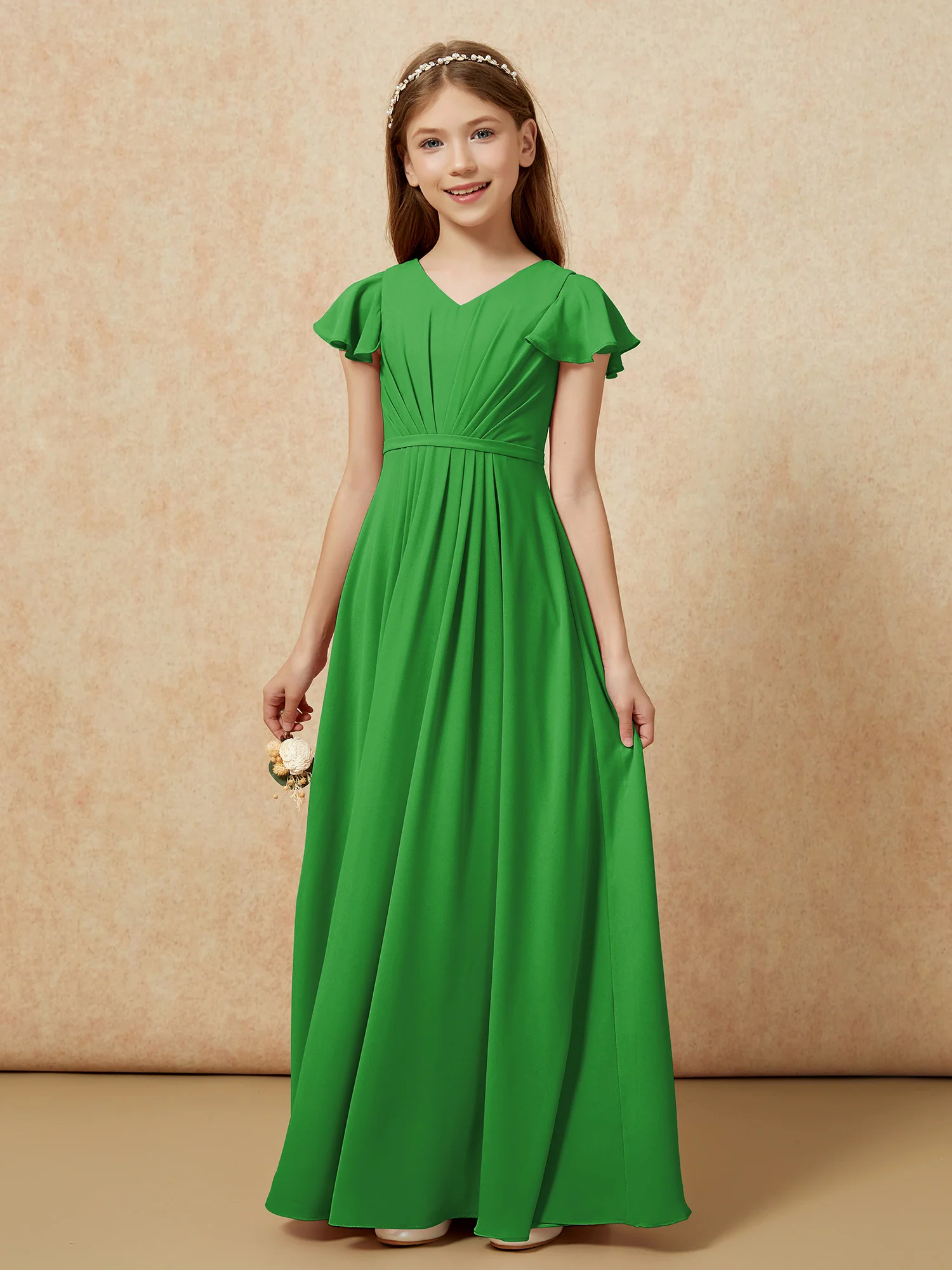 Flutter Sleeves V-neck Chiffon Junior Bridesmaid Dresses Green - Image 7