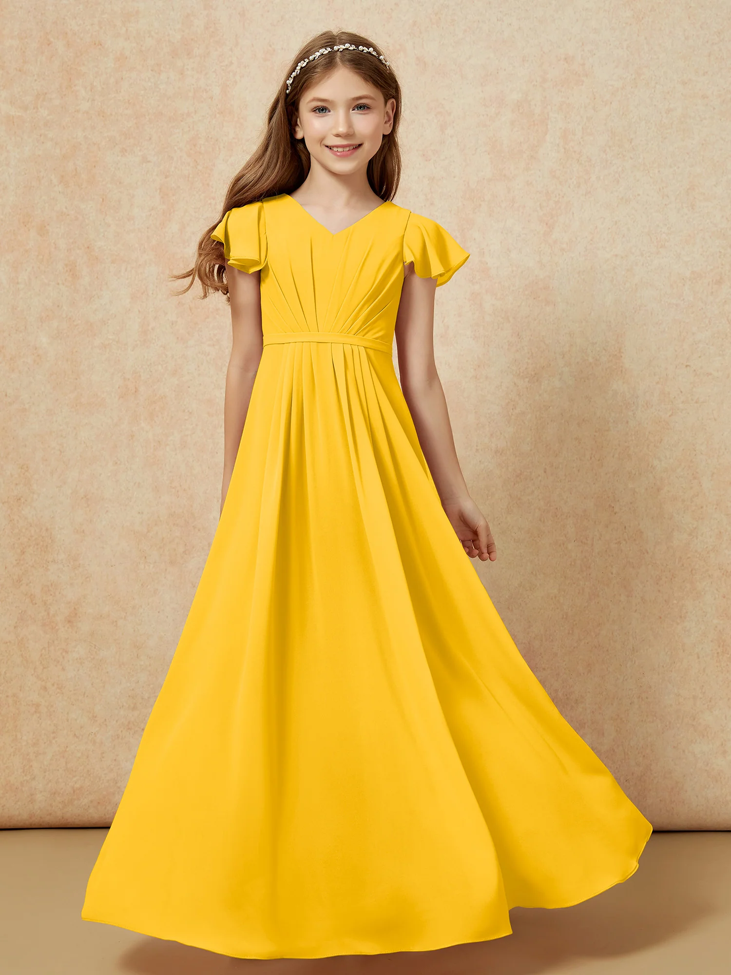Flutter Sleeves V-neck Chiffon Junior Bridesmaid Dresses Marigold