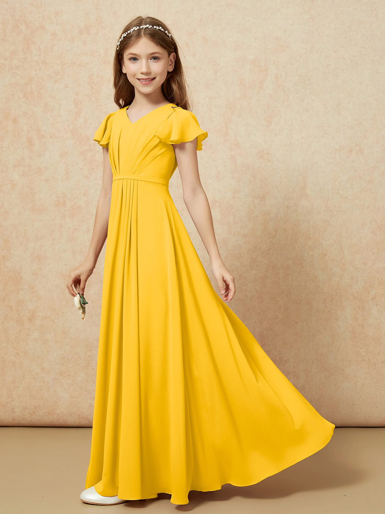 Flutter Sleeves V-neck Chiffon Junior Bridesmaid Dresses Marigold - Image 3