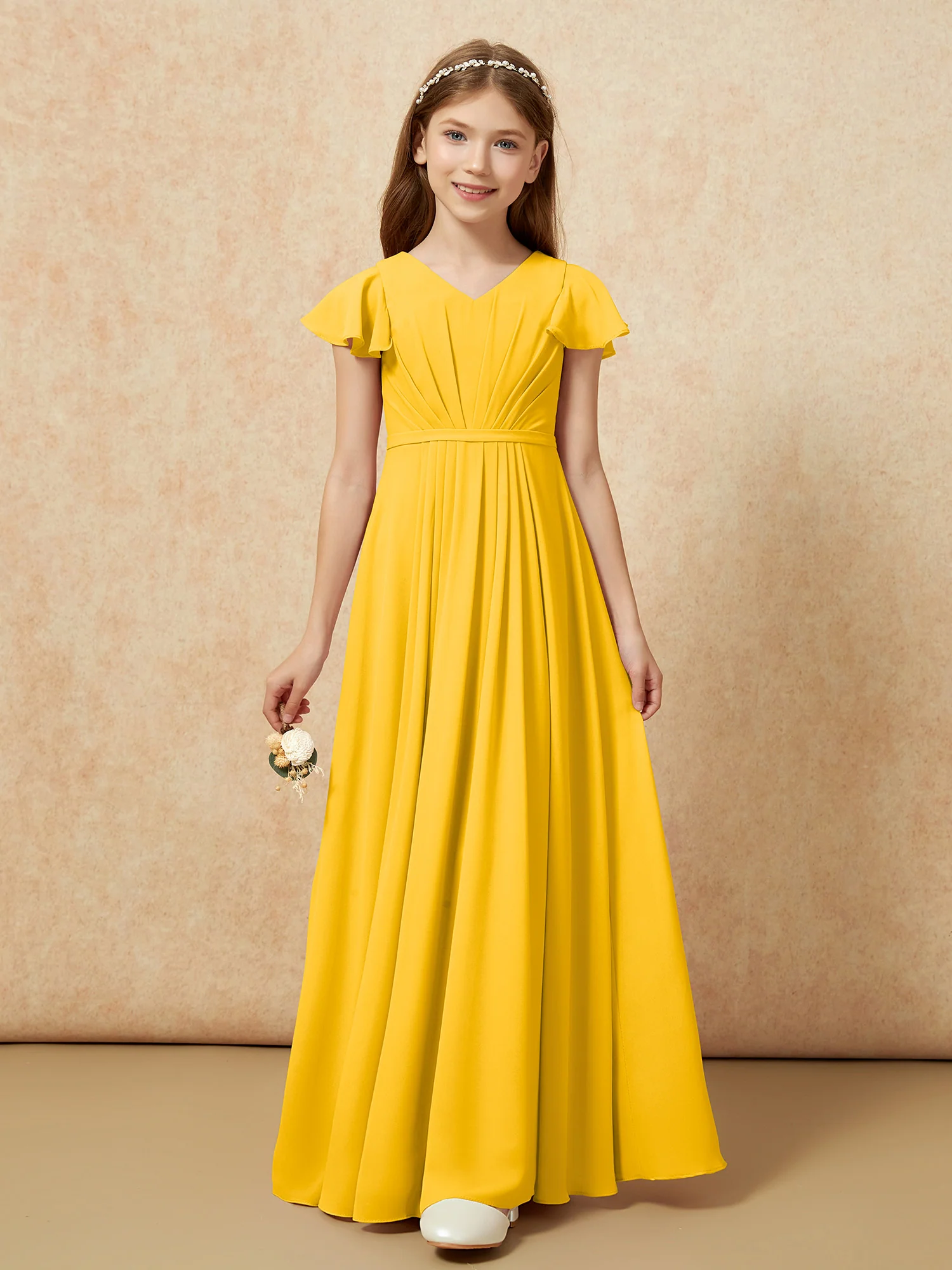 Flutter Sleeves V-neck Chiffon Junior Bridesmaid Dresses Marigold - Image 6