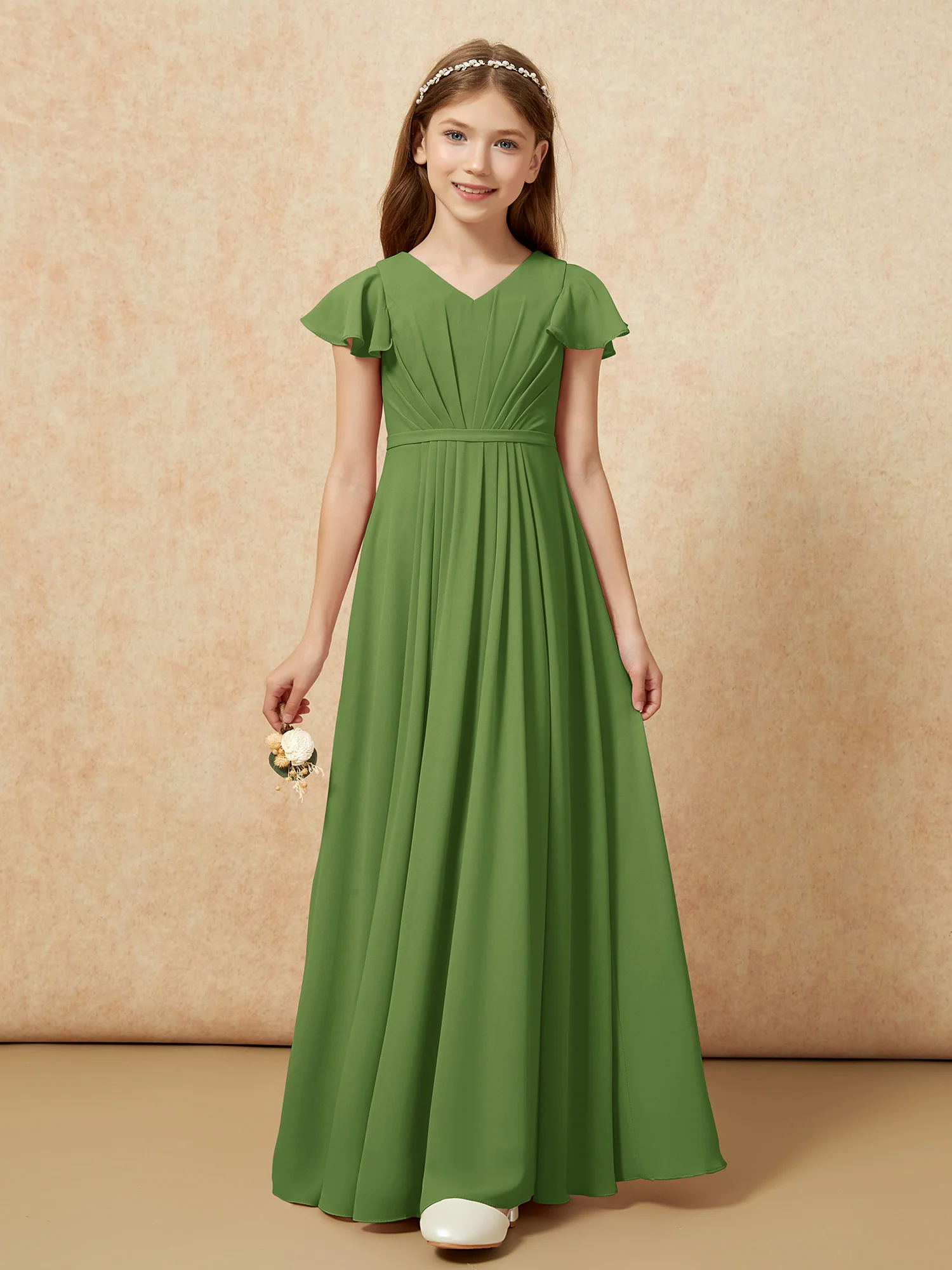 Flutter Sleeves V-neck Chiffon Junior Bridesmaid Dresses Moss - Image 6