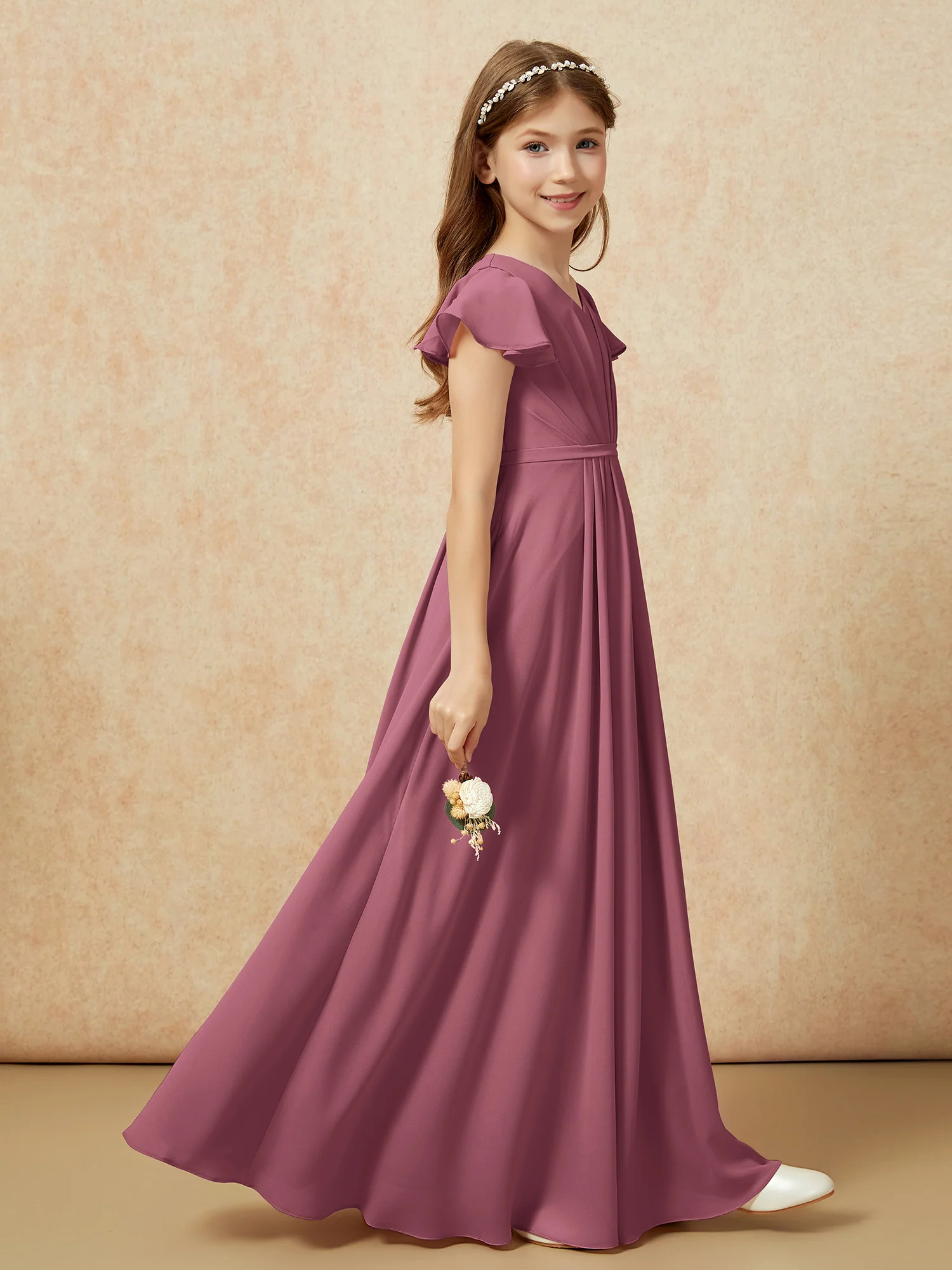 Flutter Sleeves V-neck Chiffon Junior Bridesmaid Dresses Mulberry - Image 5