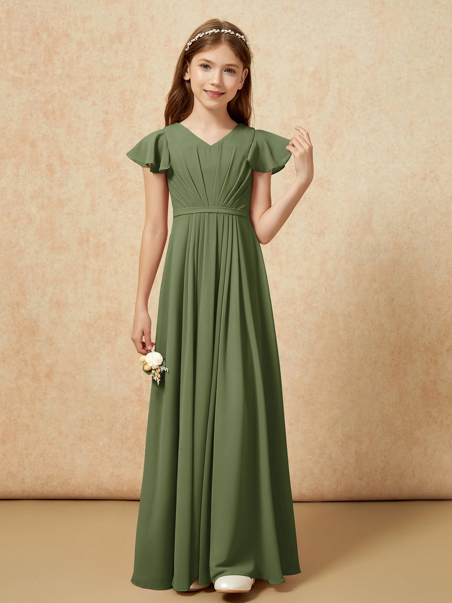 Flutter Sleeves V-neck Chiffon Junior Bridesmaid Dresses Olive Green - Image 4