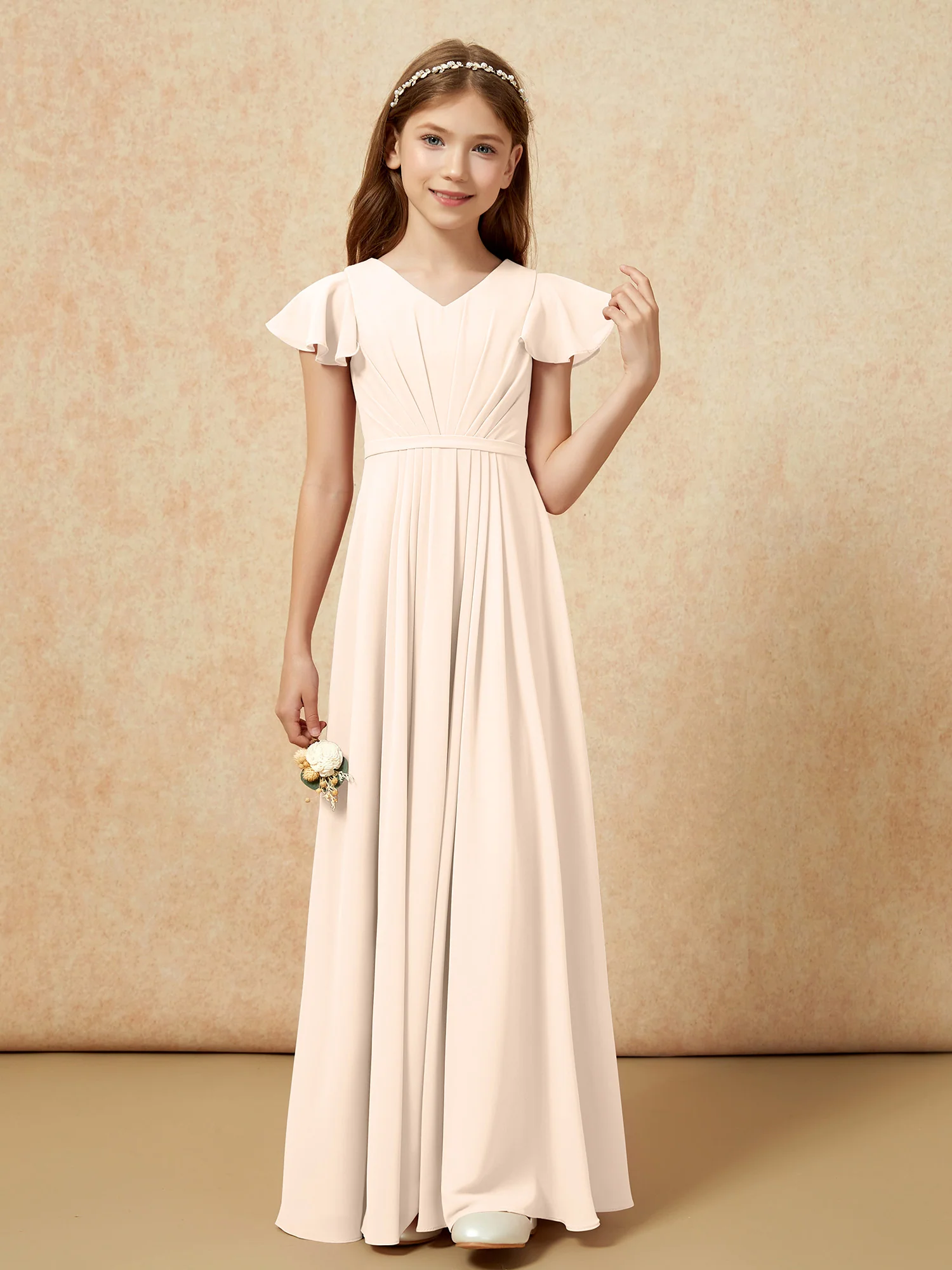 Flutter Sleeves V-neck Chiffon Junior Bridesmaid Dresses Peach - Image 4