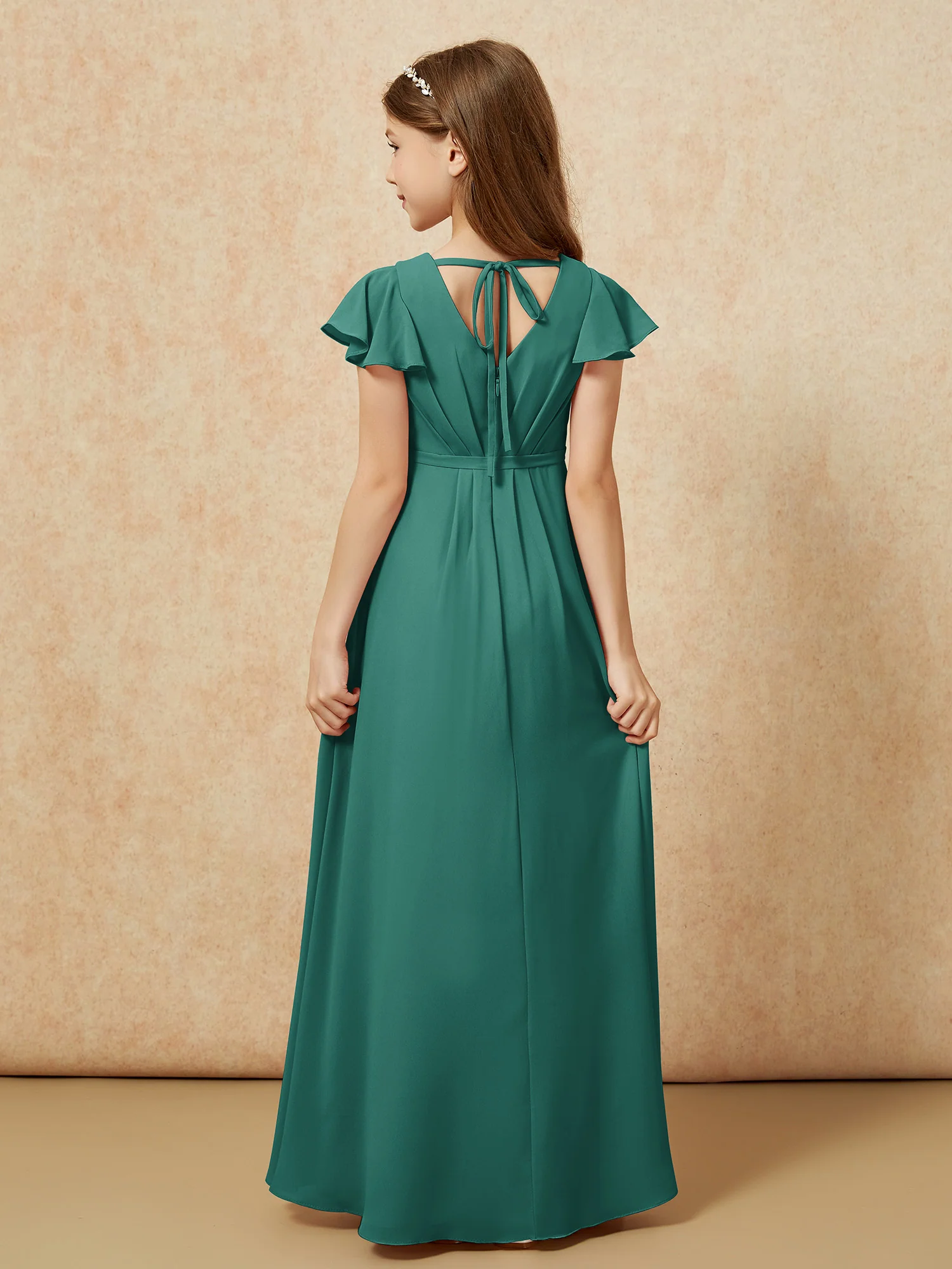Flutter Sleeves V-neck Chiffon Junior Bridesmaid Dresses Peacock - Image 2