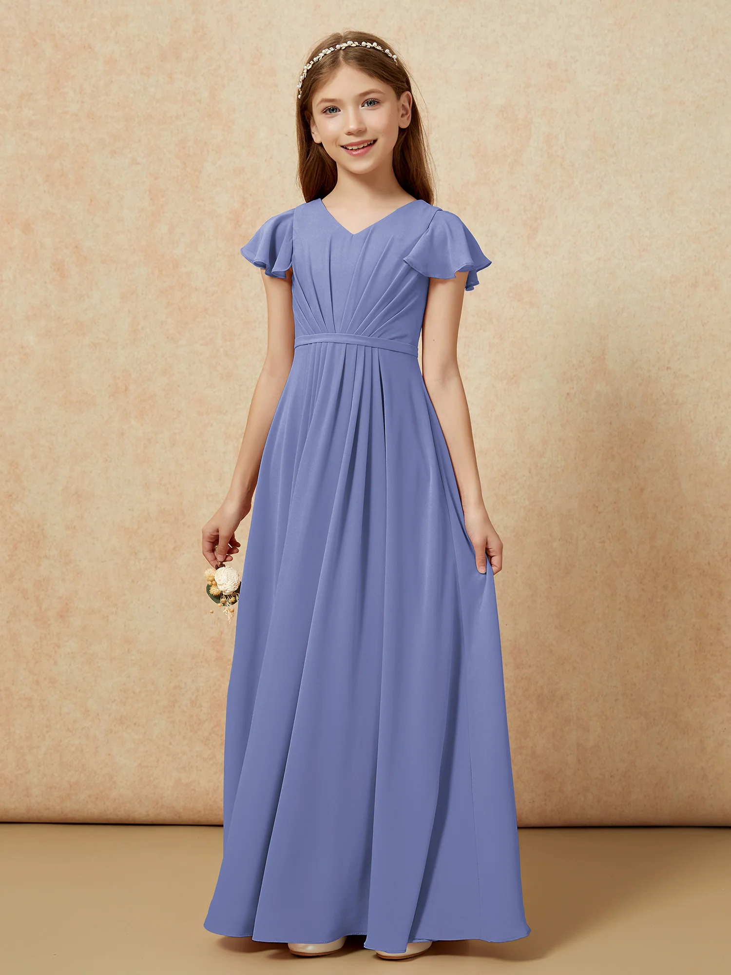 Flutter Sleeves V-neck Chiffon Junior Bridesmaid Dresses Periwinkle - Image 7